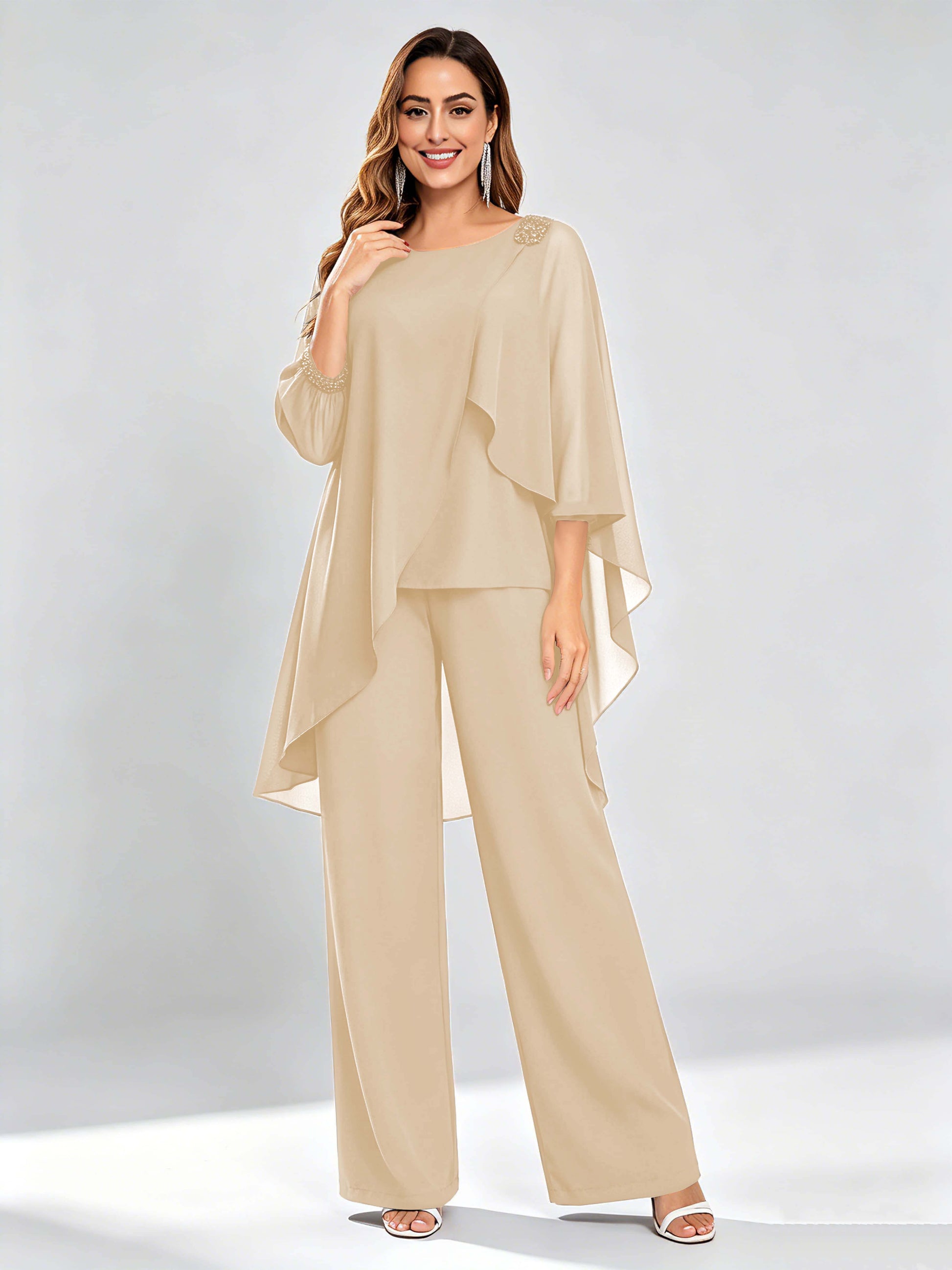 Asymmetric Chiffon 2 Pieces Mother of The Bride Pant Suits
