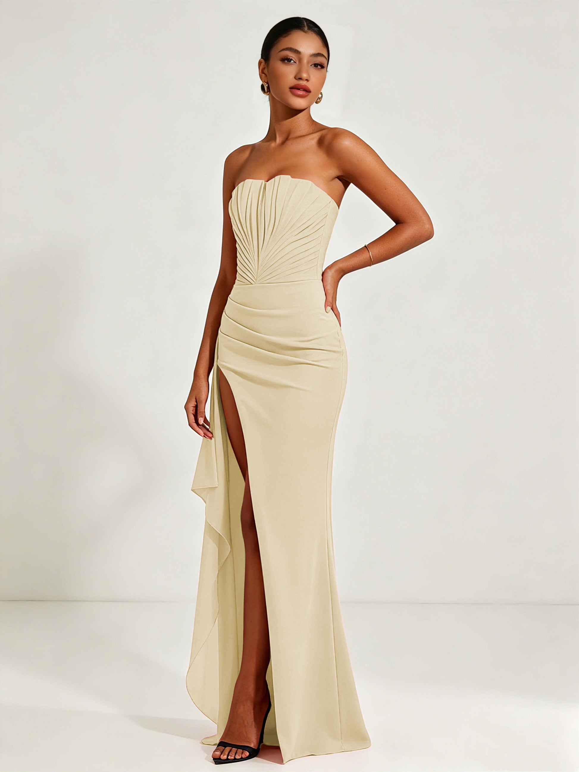 Strapless Ruched Bust Prom Dresses with Ruffle Slit