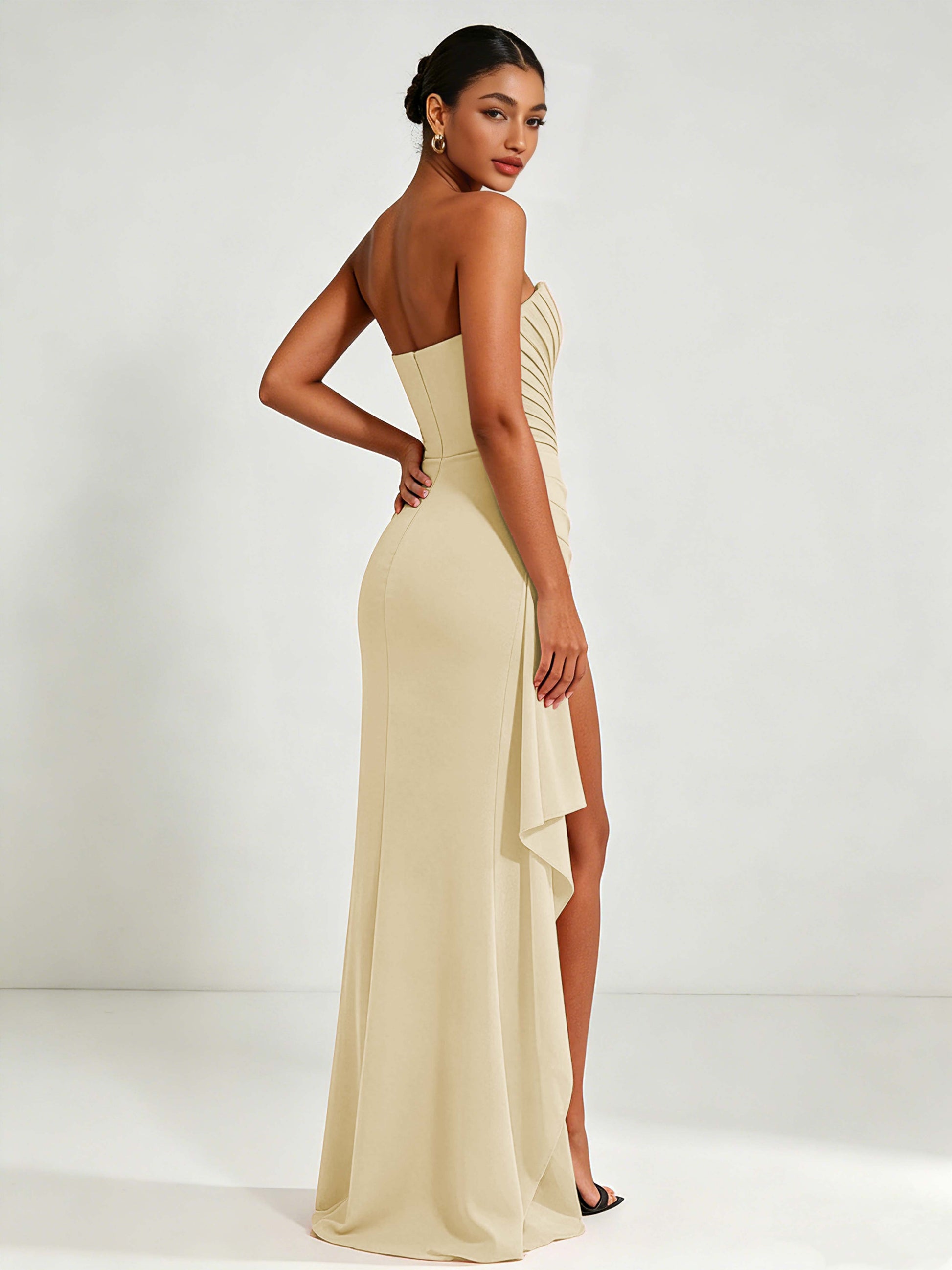 Strapless Ruched Bust Prom Dresses with Ruffle Slit
