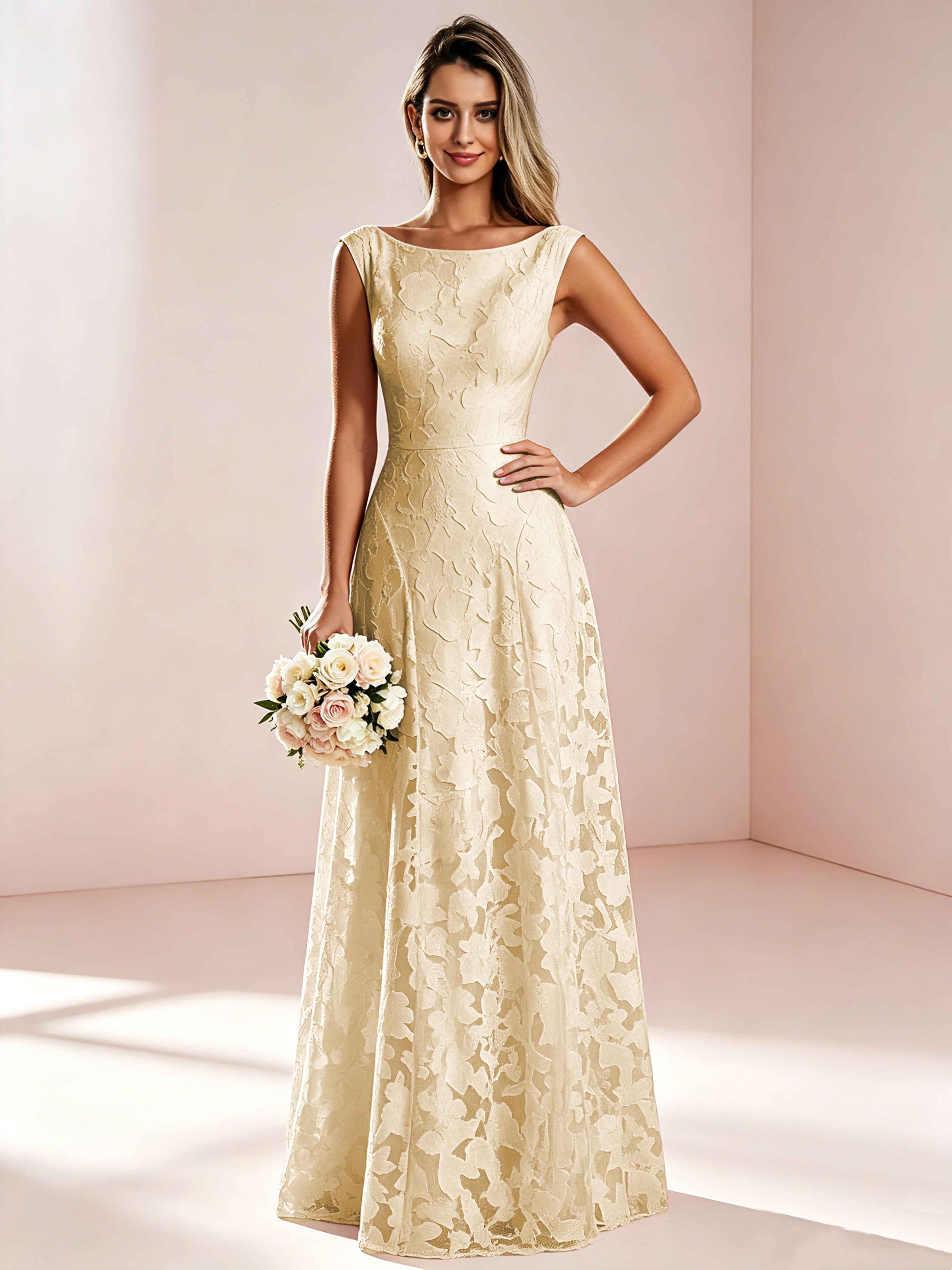 Boat Neck Jacquard Chiffon Floor Length Bridesmaid Dresses