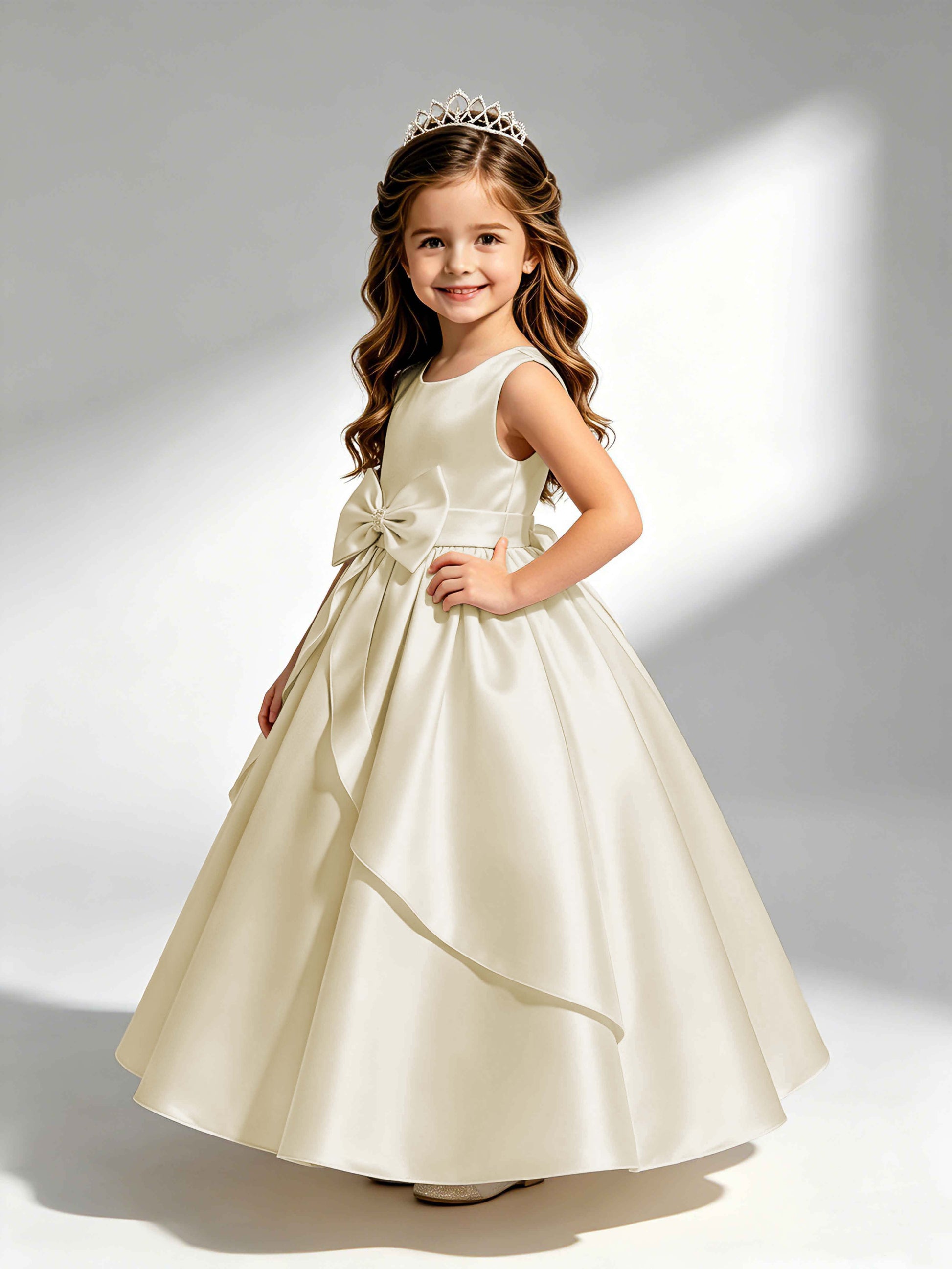 Satin Flower Girl Dress with Bow Princess Girls Pageant Gowns