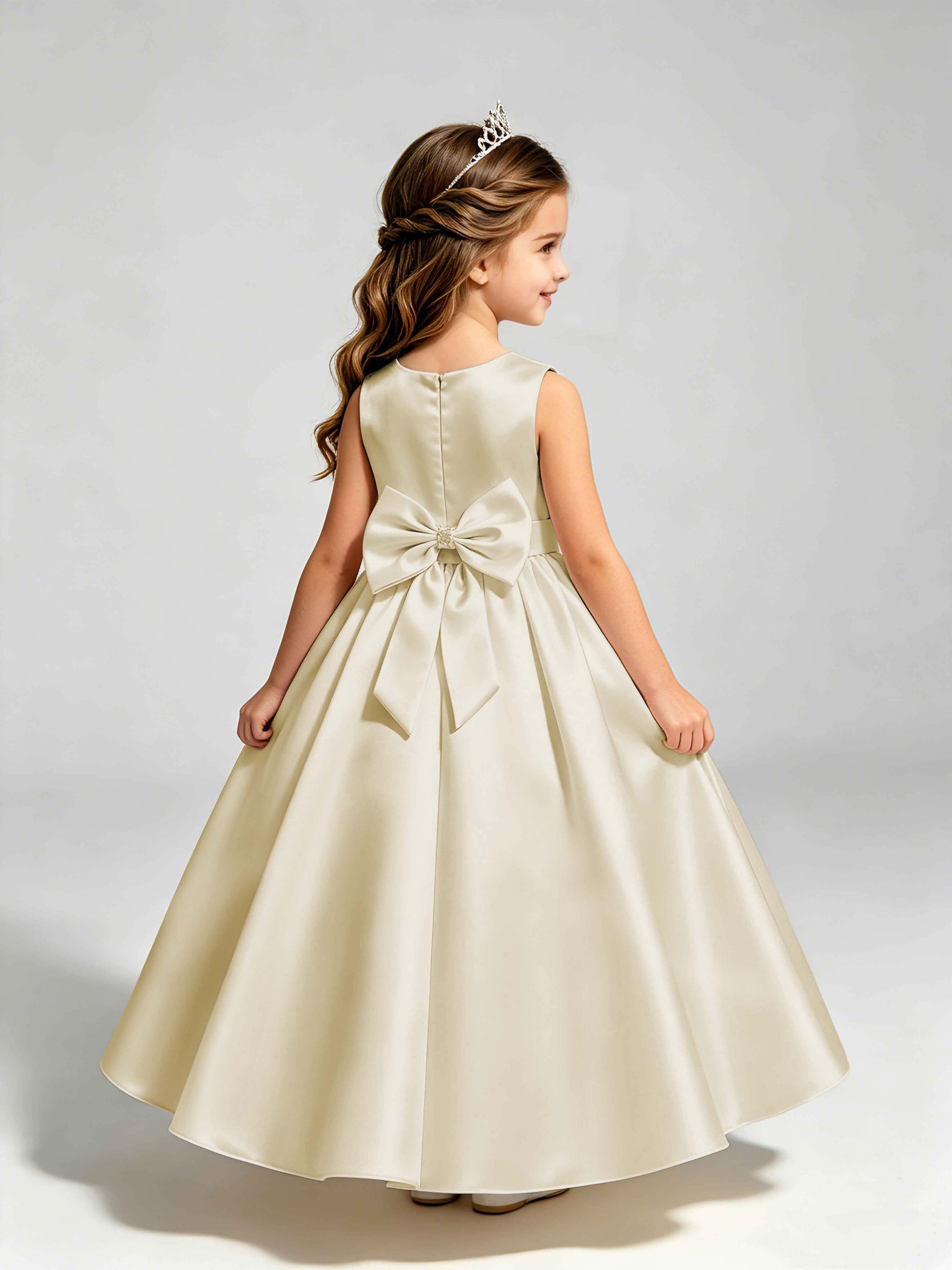 Satin Flower Girl Dress with Bow Princess Girls Pageant Gowns