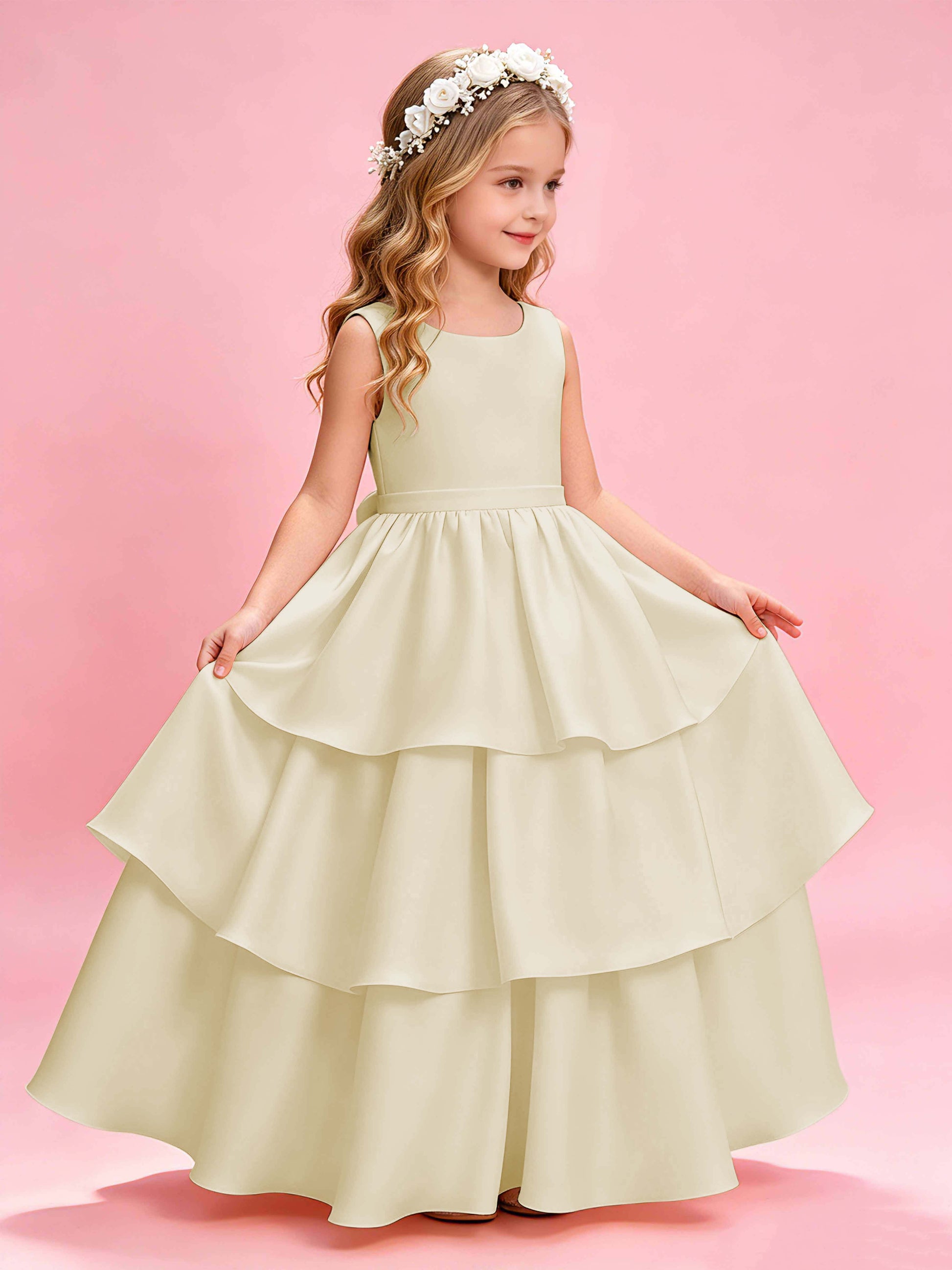 Tiered Flower Girl Dress with Bow Princess Girls Pageant Gowns