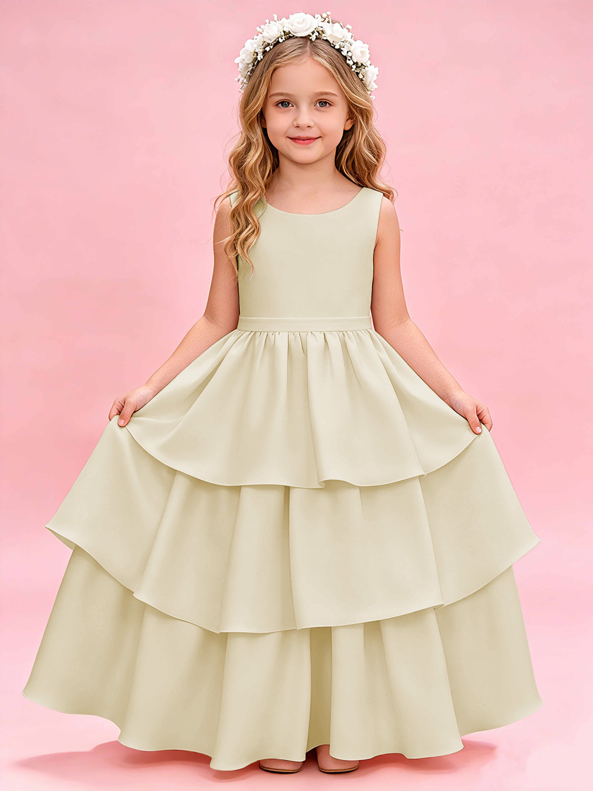 Tiered Flower Girl Dress with Bow Princess Girls Pageant Gowns