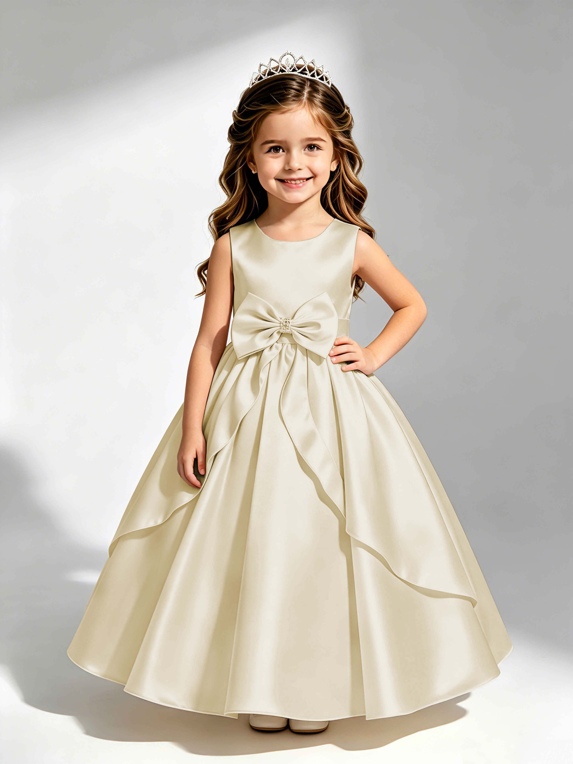 Satin Flower Girl Dress with Bow Princess Girls Pageant Gowns