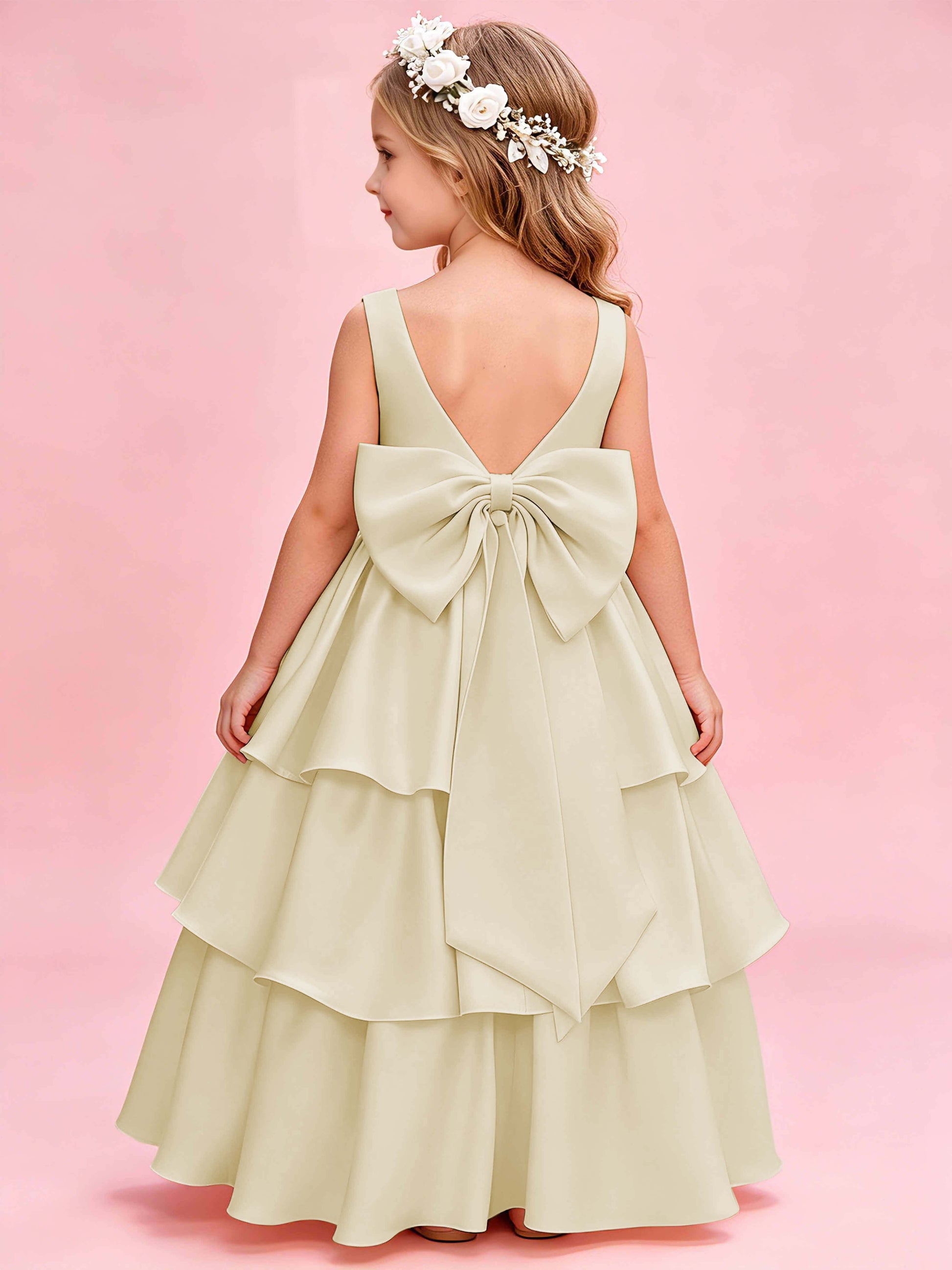 Tiered Flower Girl Dress with Bow Princess Girls Pageant Gowns