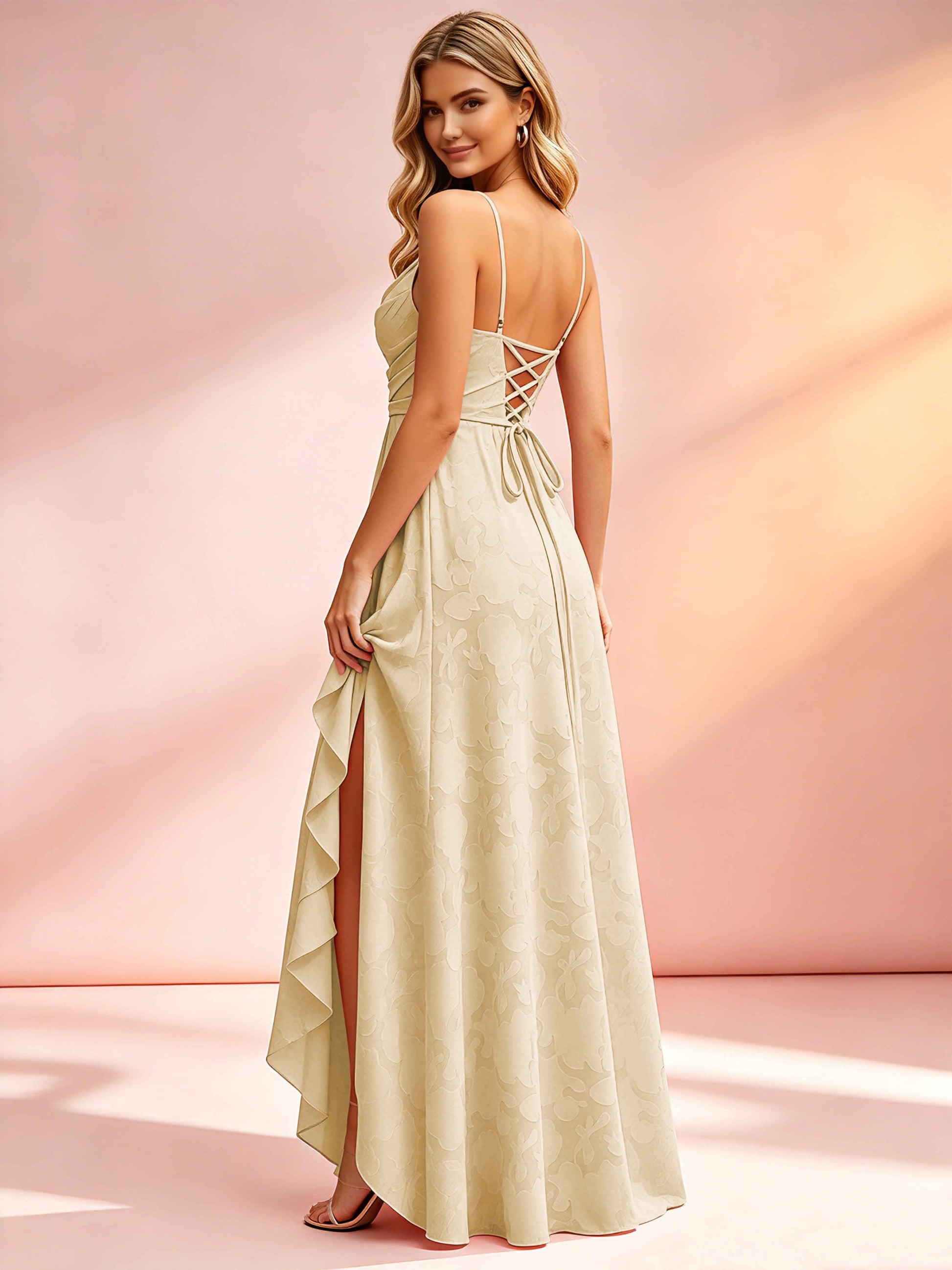 Jacquard Chiffon Cowl Neck Bridesmaid Dresses with Ruffle Slit