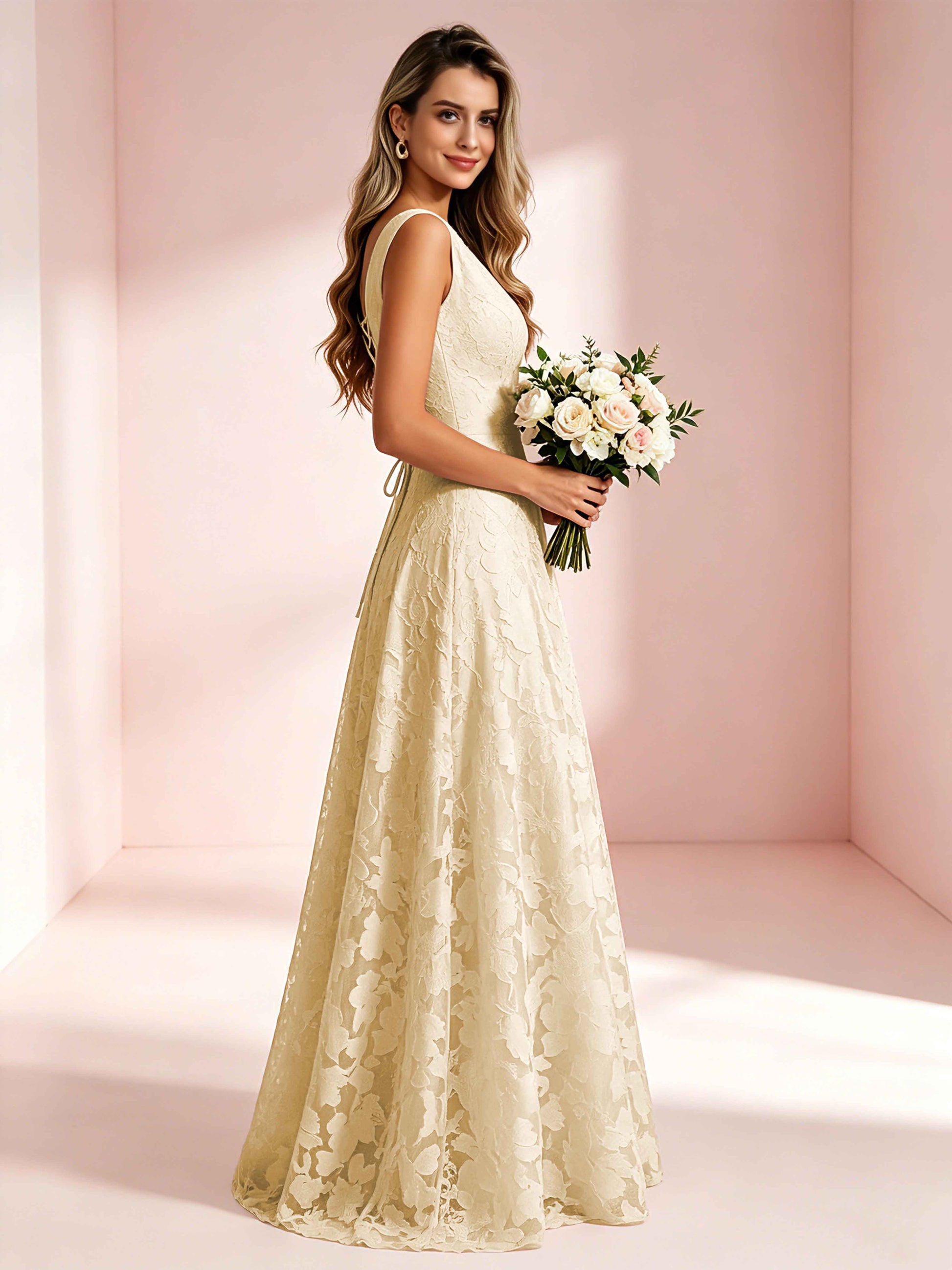 Boat Neck Jacquard Chiffon Floor Length Bridesmaid Dresses