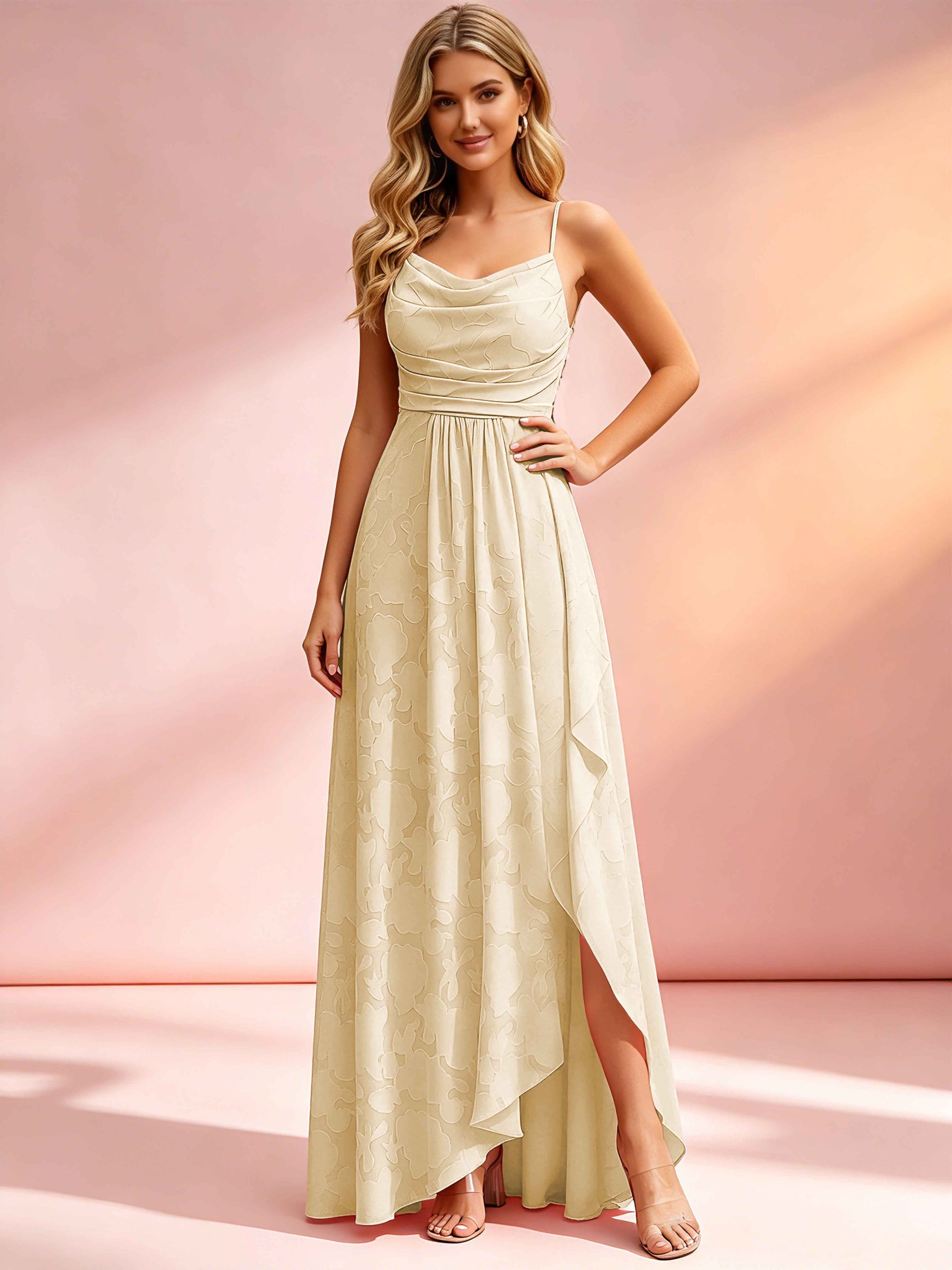 Jacquard Chiffon Cowl Neck Bridesmaid Dresses with Ruffle Slit
