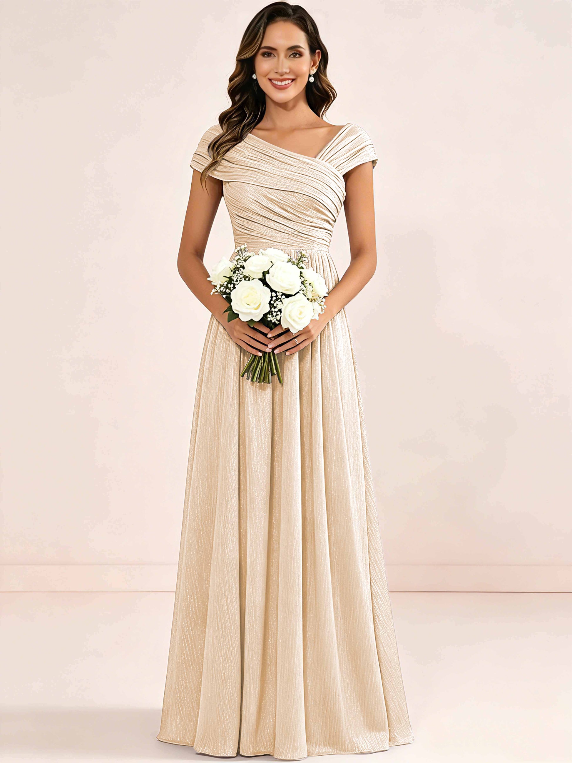 Shiny Striped Chiffon Ruched Cap Sleeve Mother of The Bride Dress