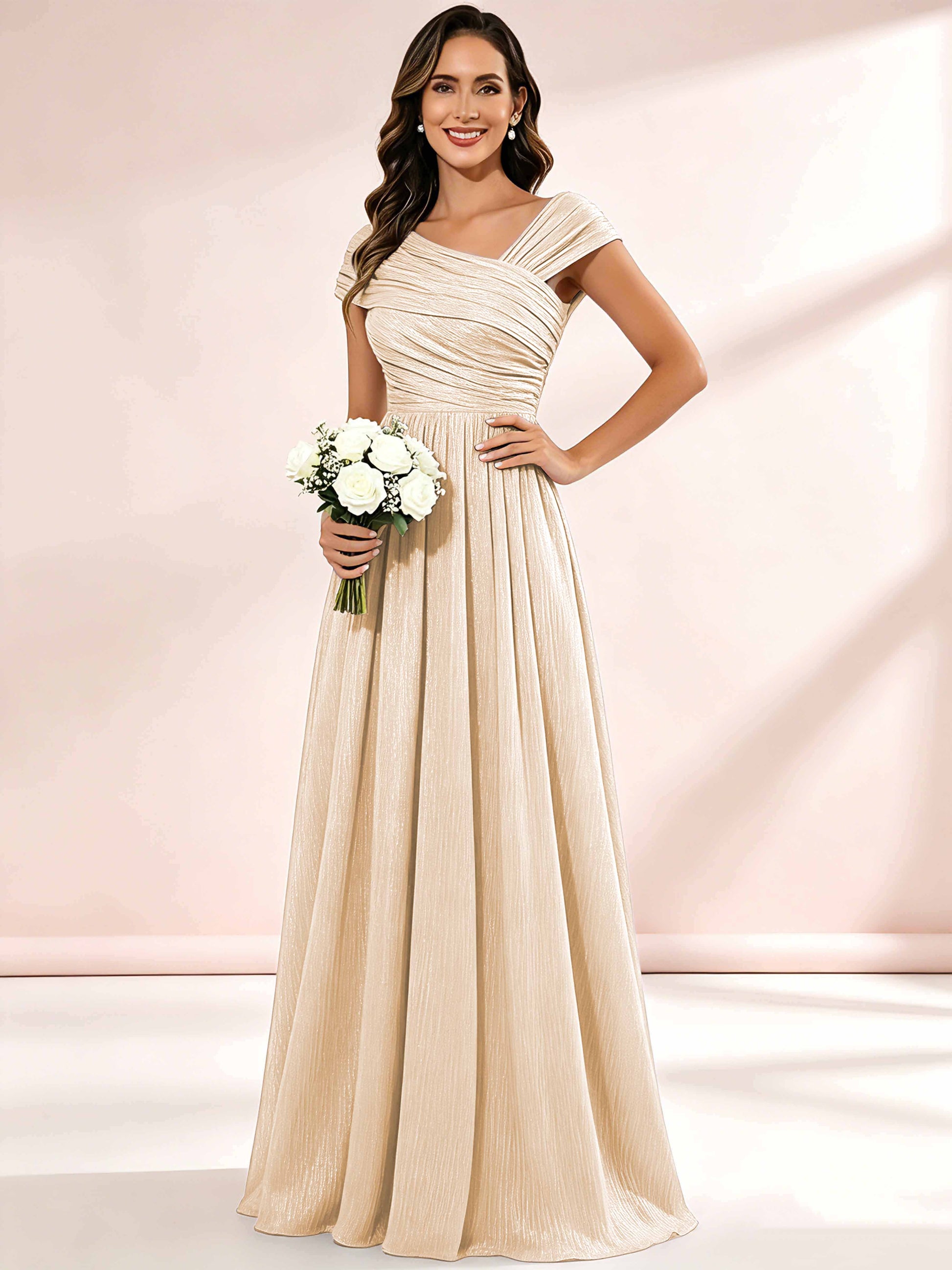 Shiny Striped Chiffon Ruched Cap Sleeve Mother of The Bride Dress