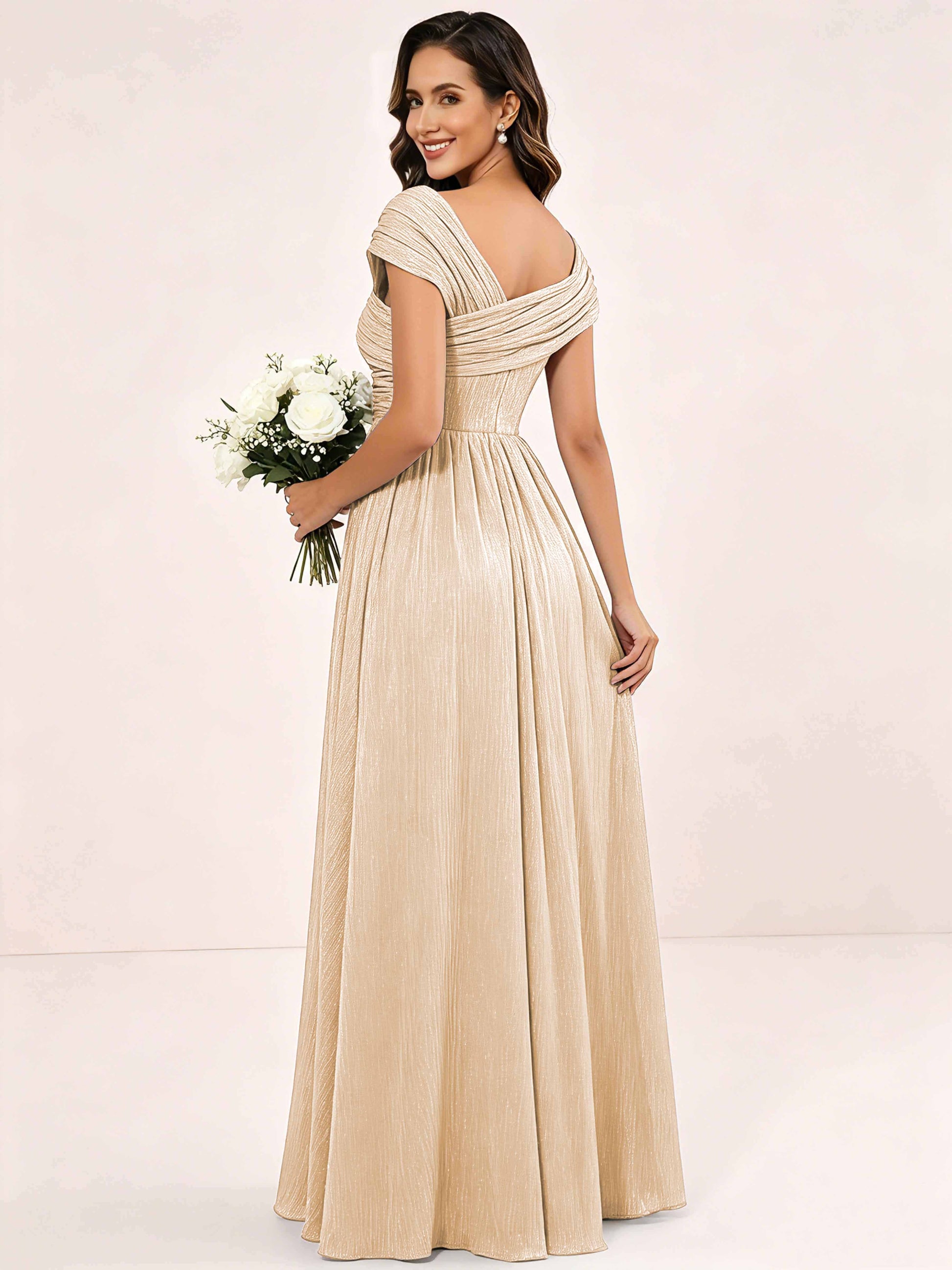 Shiny Striped Chiffon Ruched Cap Sleeve Mother of The Bride Dress