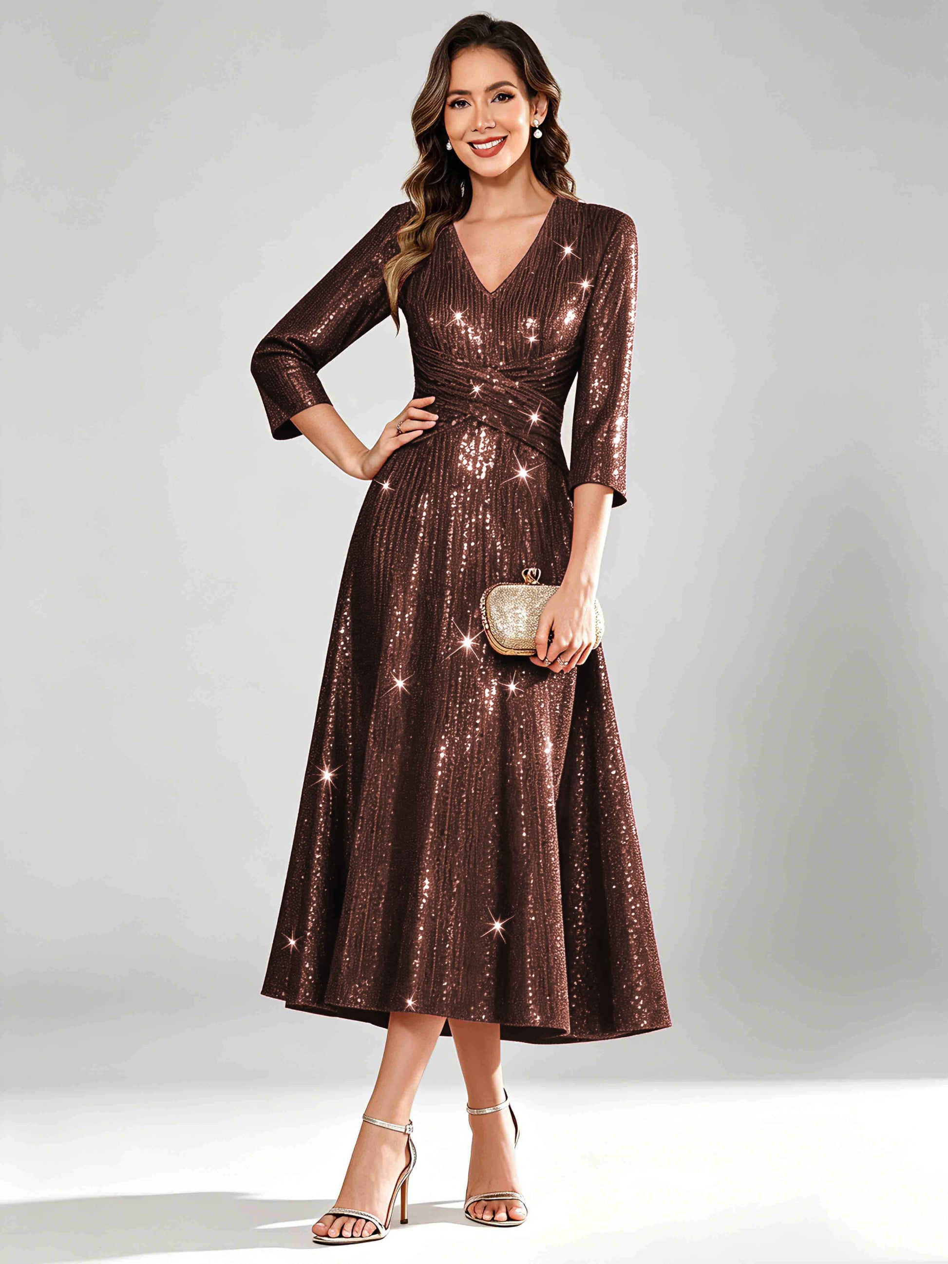 Sequin Sparkly 3/4 Sleeve Dressy Mother of The Bride Dresses