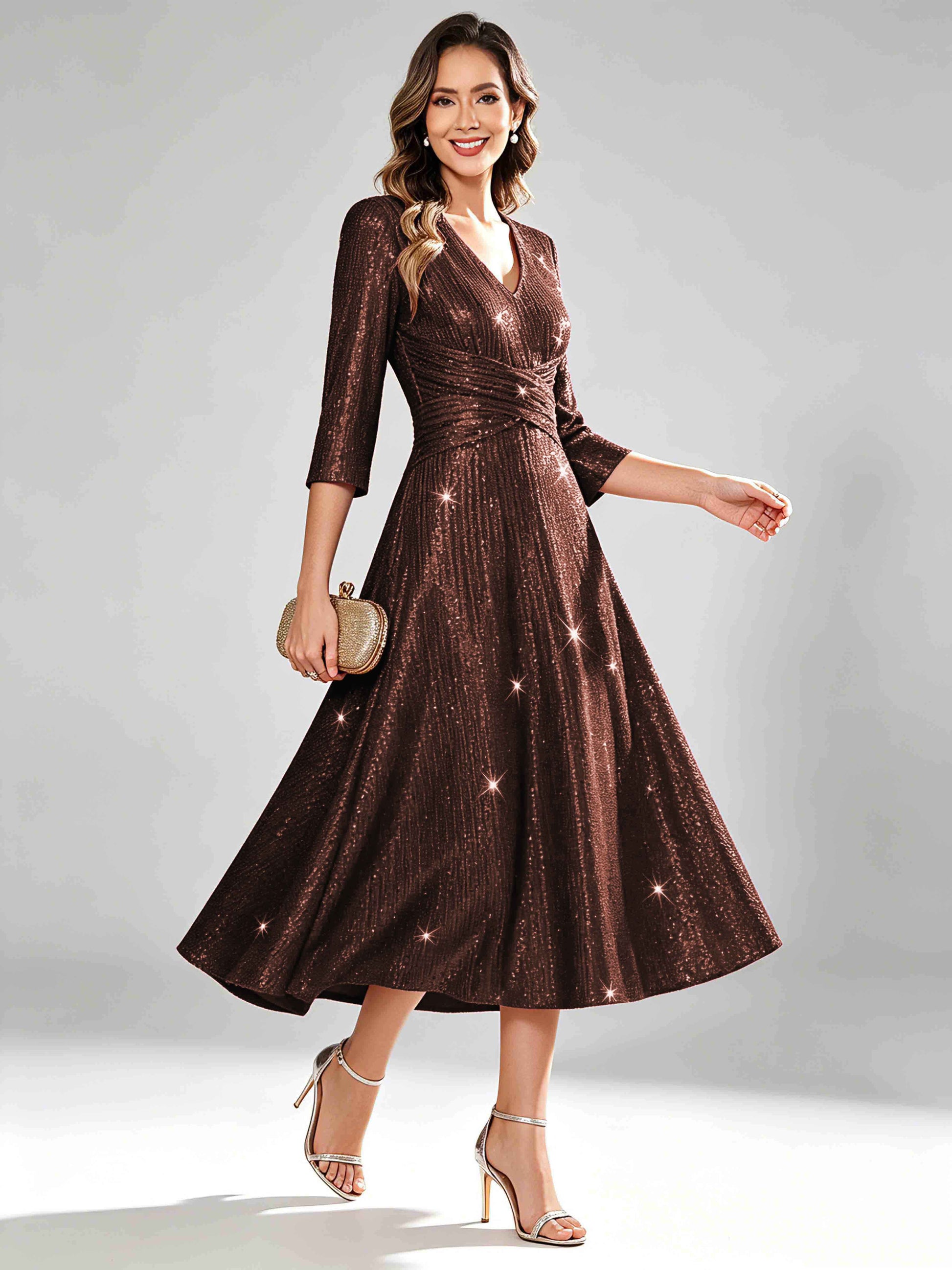 Sequin Sparkly 3/4 Sleeve Dressy Mother of The Bride Dresses