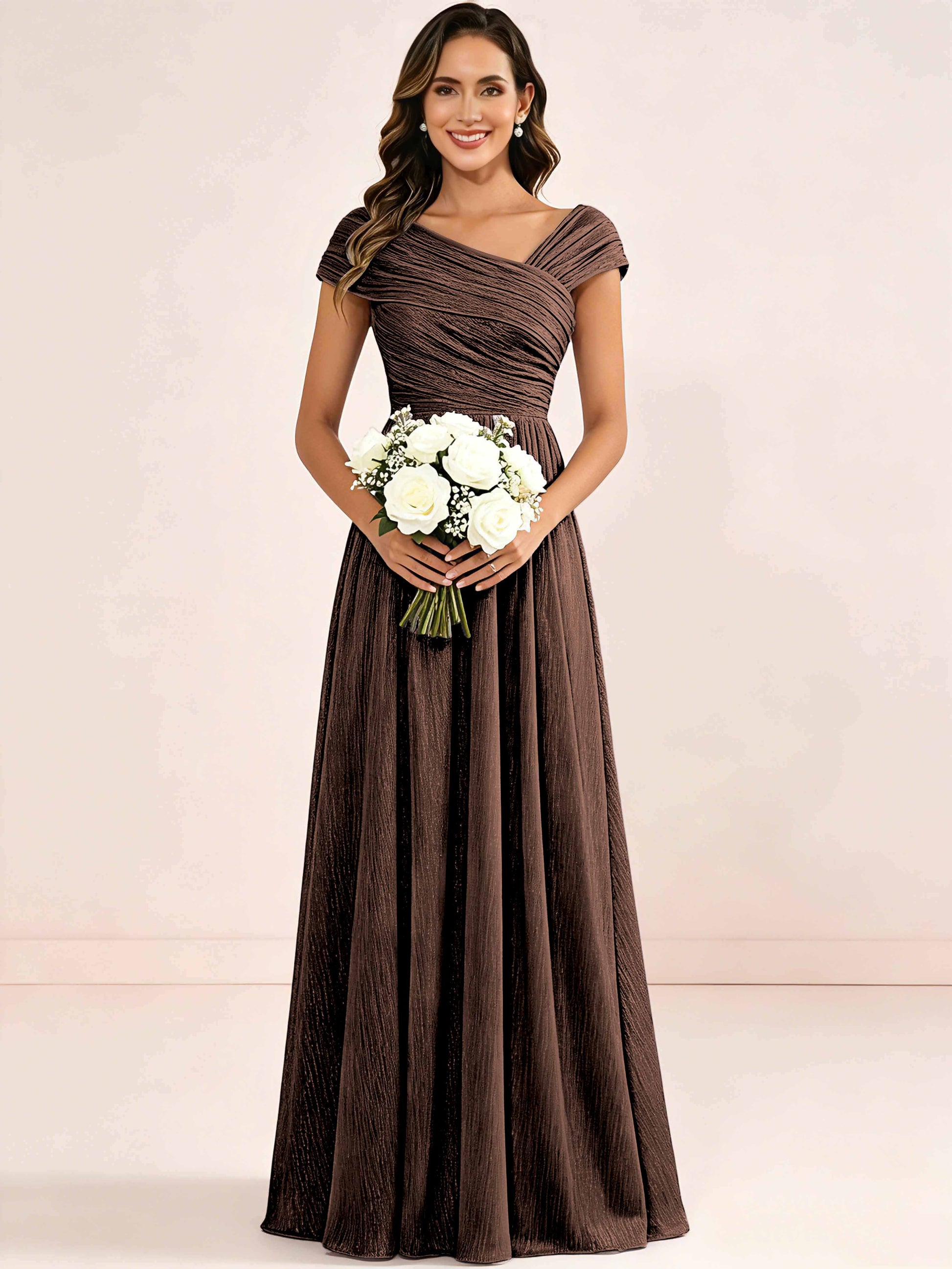 Shiny Striped Chiffon Ruched Cap Sleeve Mother of The Bride Dress