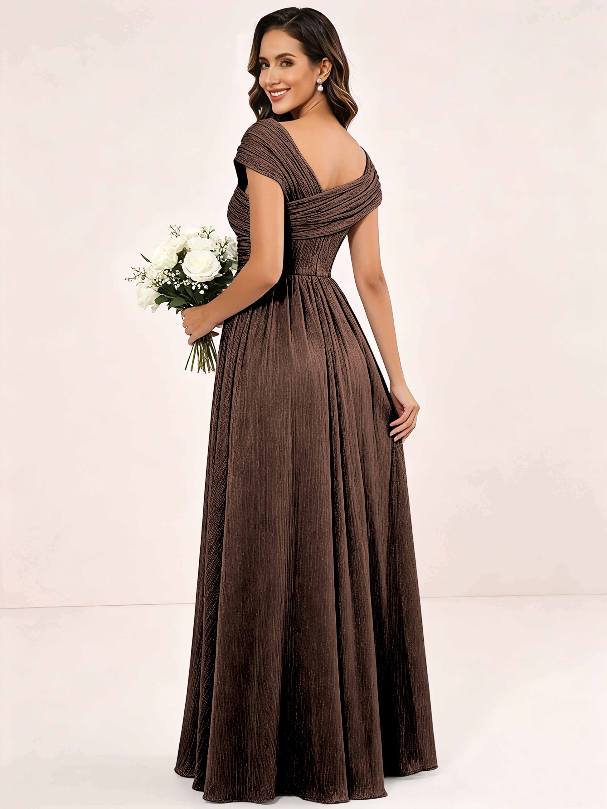 Shiny Striped Chiffon Ruched Cap Sleeve Mother of The Bride Dress