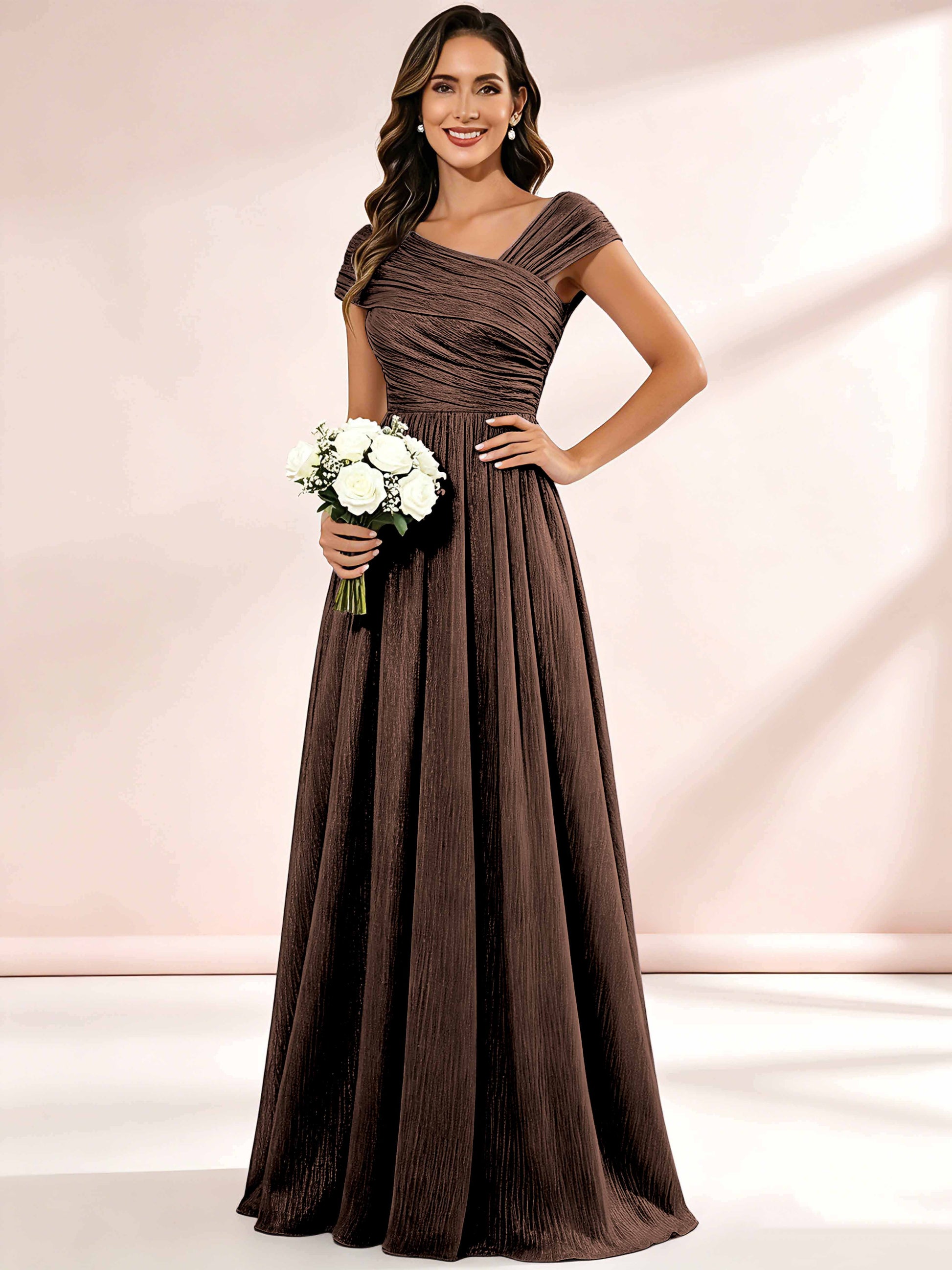 Shiny Striped Chiffon Ruched Cap Sleeve Mother of The Bride Dress