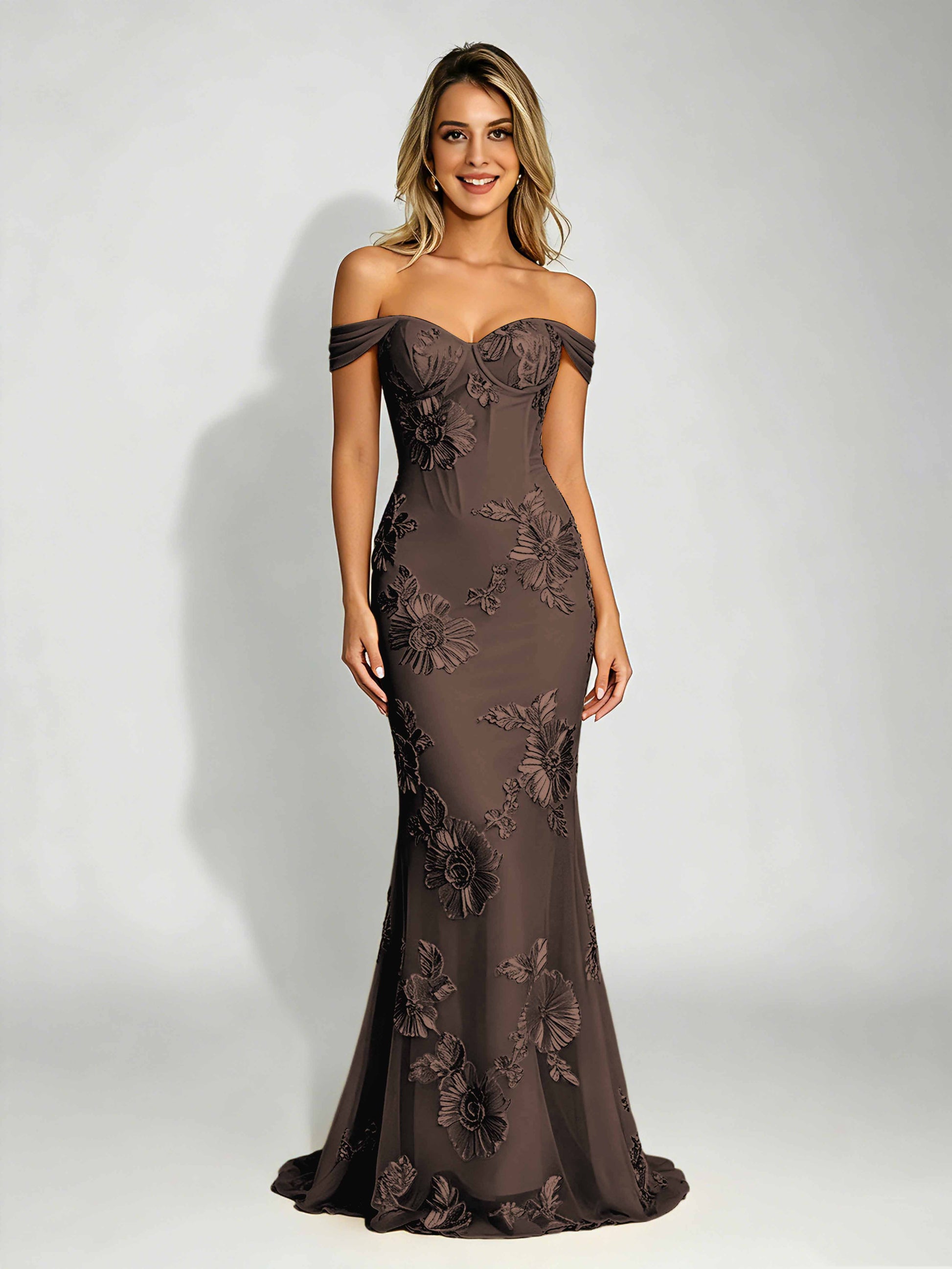Embroidery Mesh Prom Dress for Teen Off Shoulder Formal Party Gown