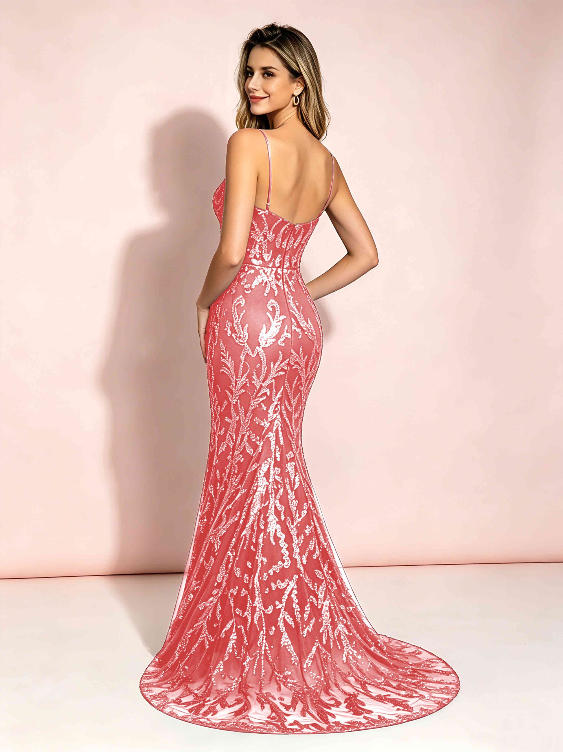 Mermaid V-Neck Sweep Train Sequin Sparkly Prom Dresses with Slit