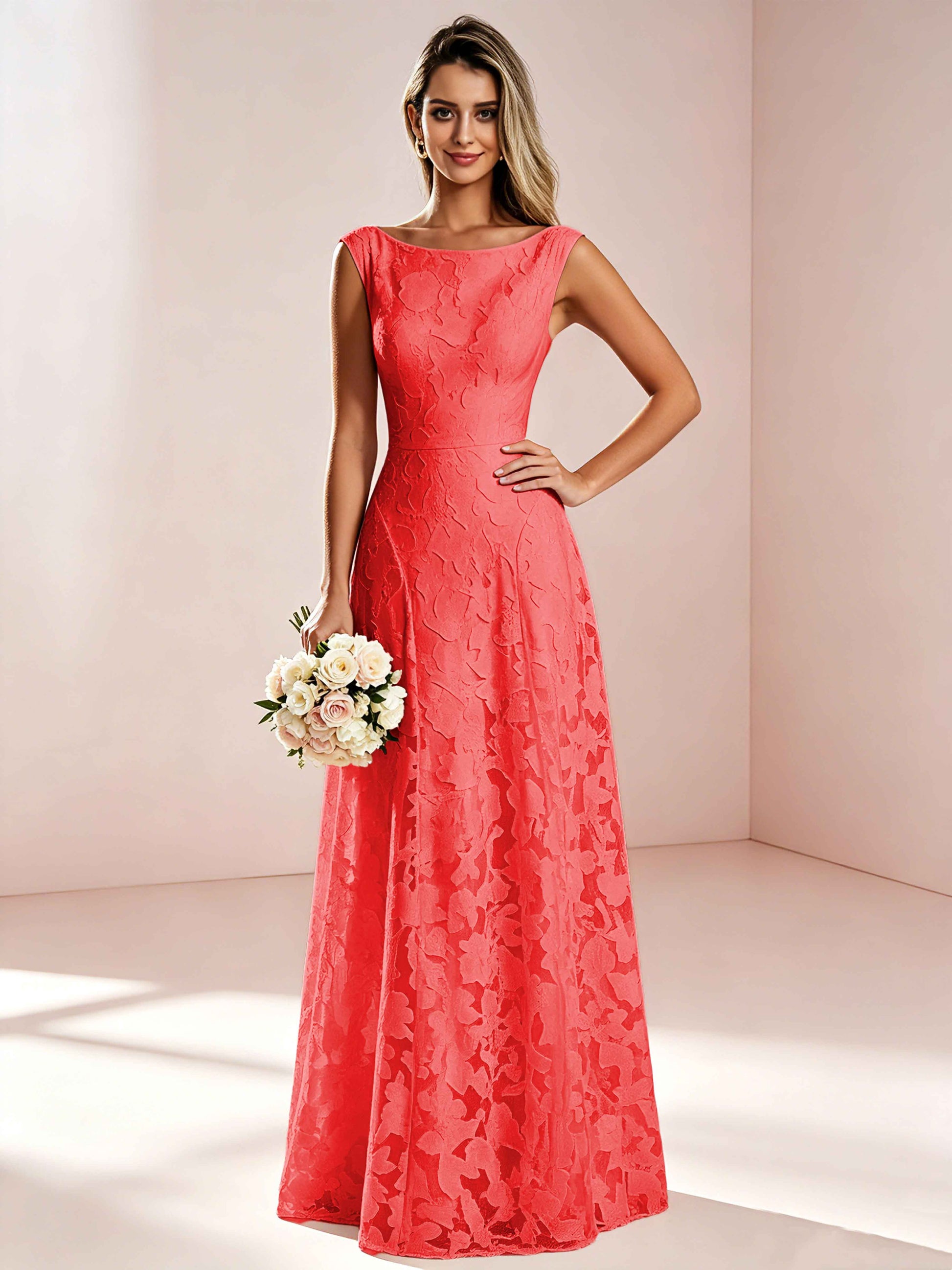 Boat Neck Jacquard Chiffon Floor Length Bridesmaid Dresses