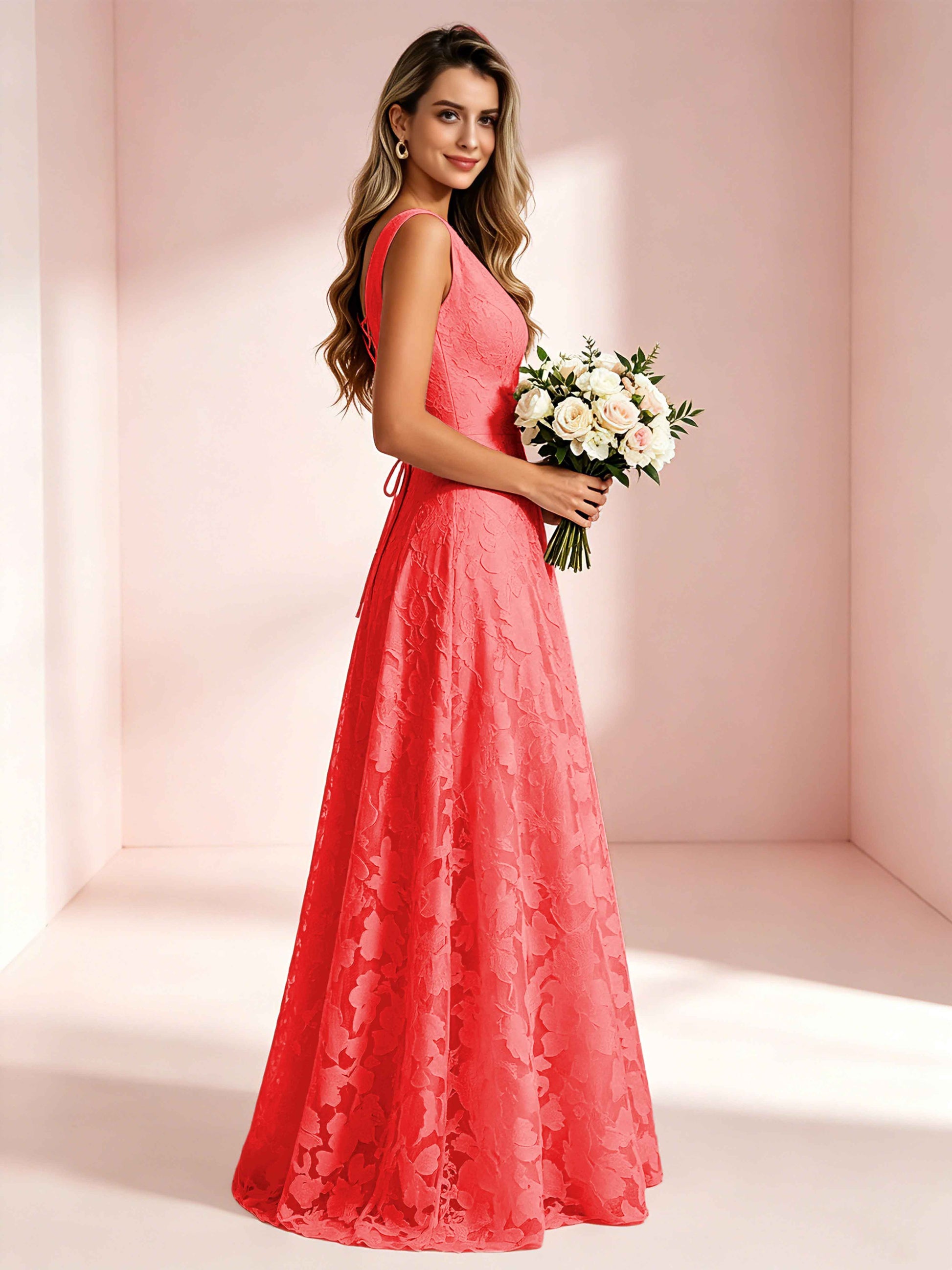 Boat Neck Jacquard Chiffon Floor Length Bridesmaid Dresses