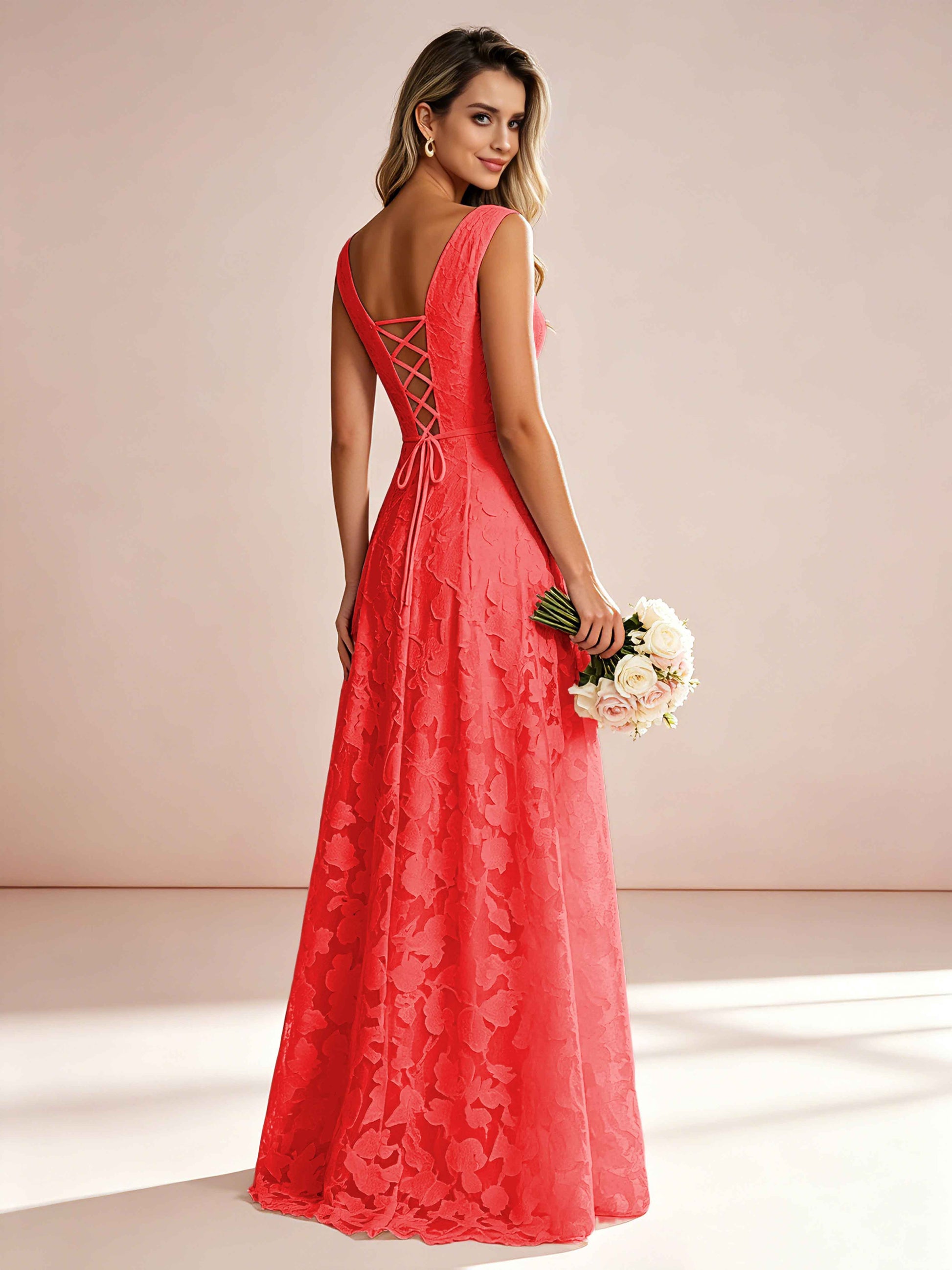 Boat Neck Jacquard Chiffon Floor Length Bridesmaid Dresses
