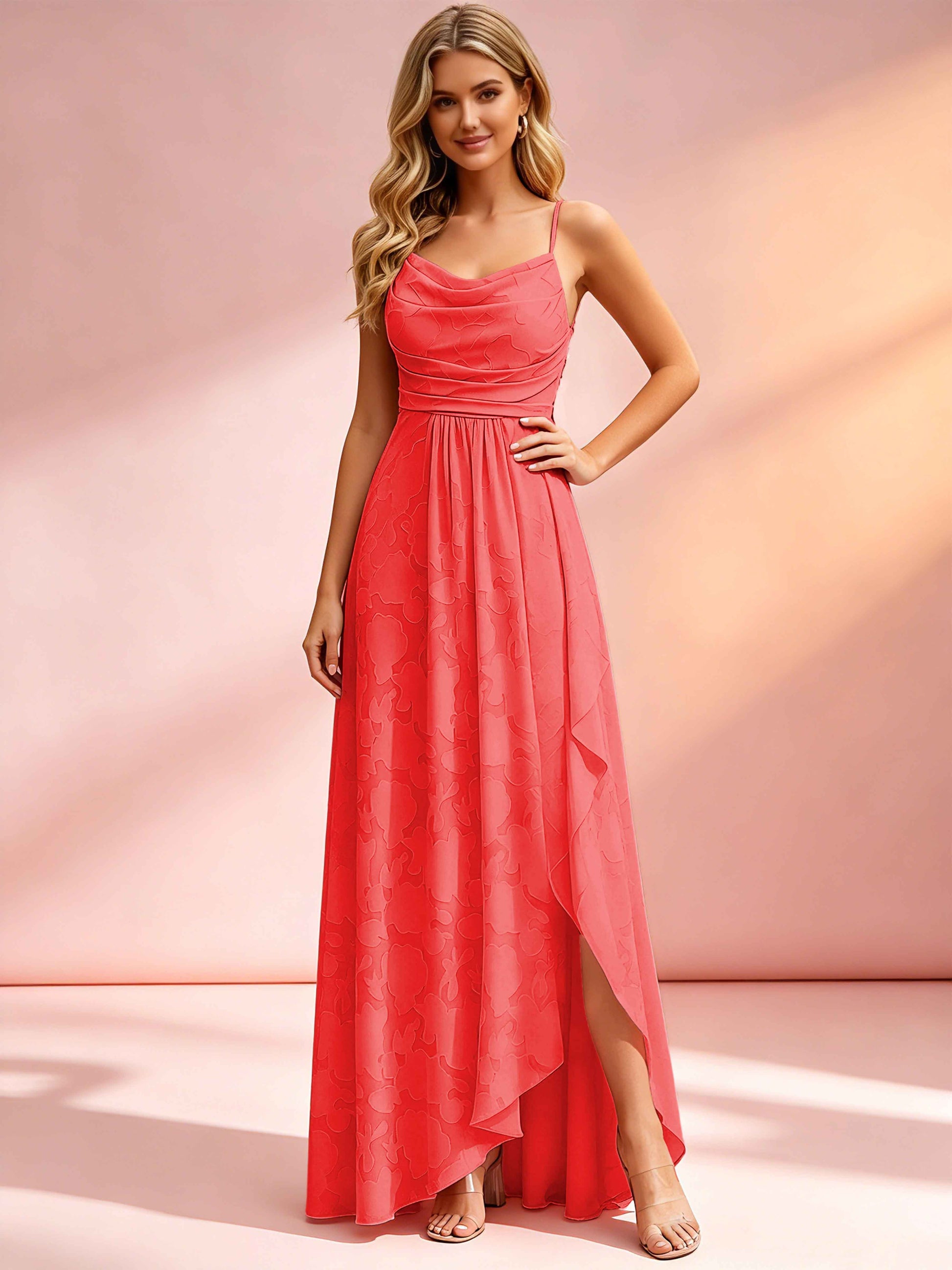 Jacquard Chiffon Cowl Neck Bridesmaid Dresses with Ruffle Slit