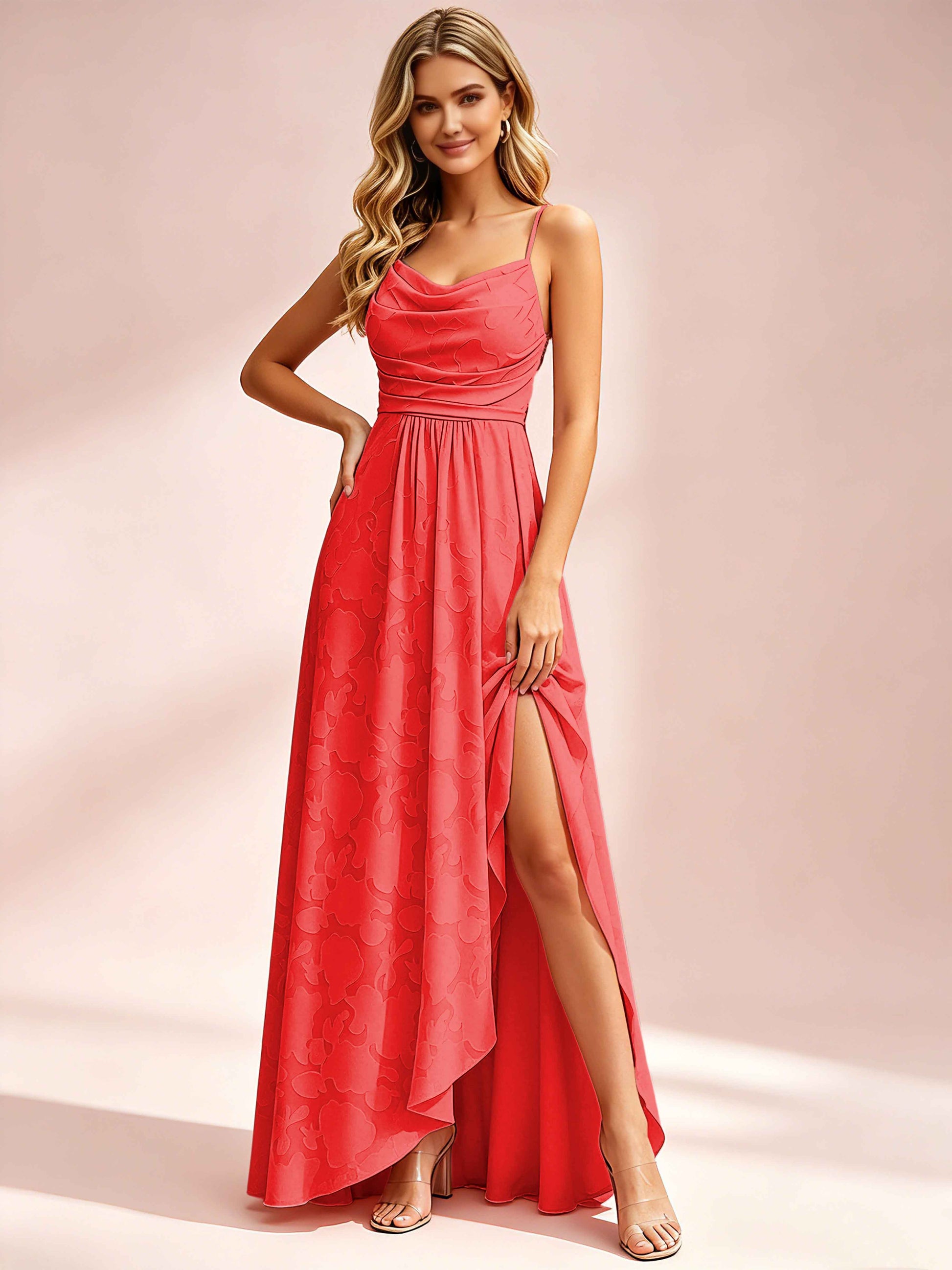 Jacquard Chiffon Cowl Neck Bridesmaid Dresses with Ruffle Slit