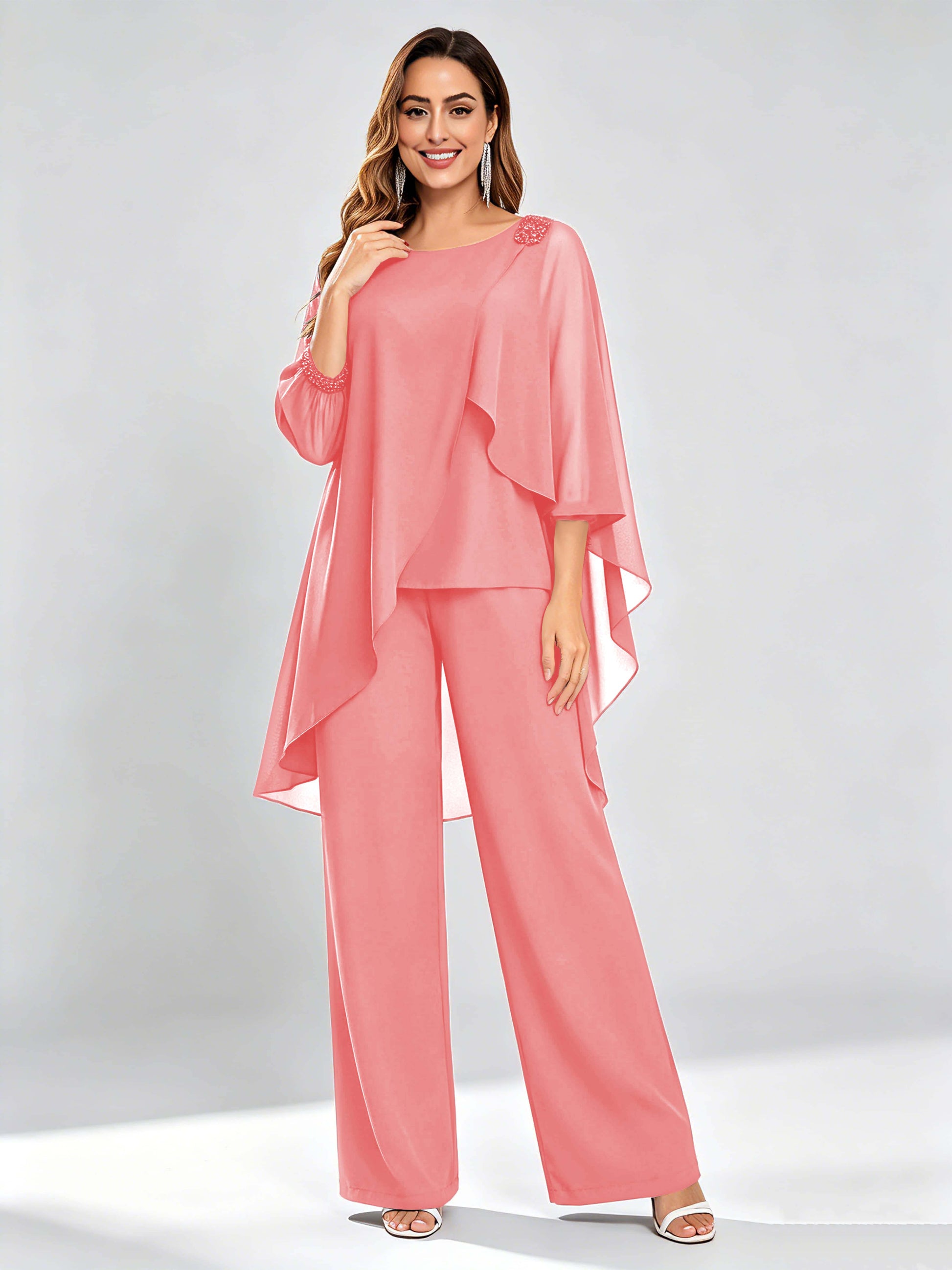 Asymmetric Chiffon 2 Pieces Mother of The Bride Pant Suits