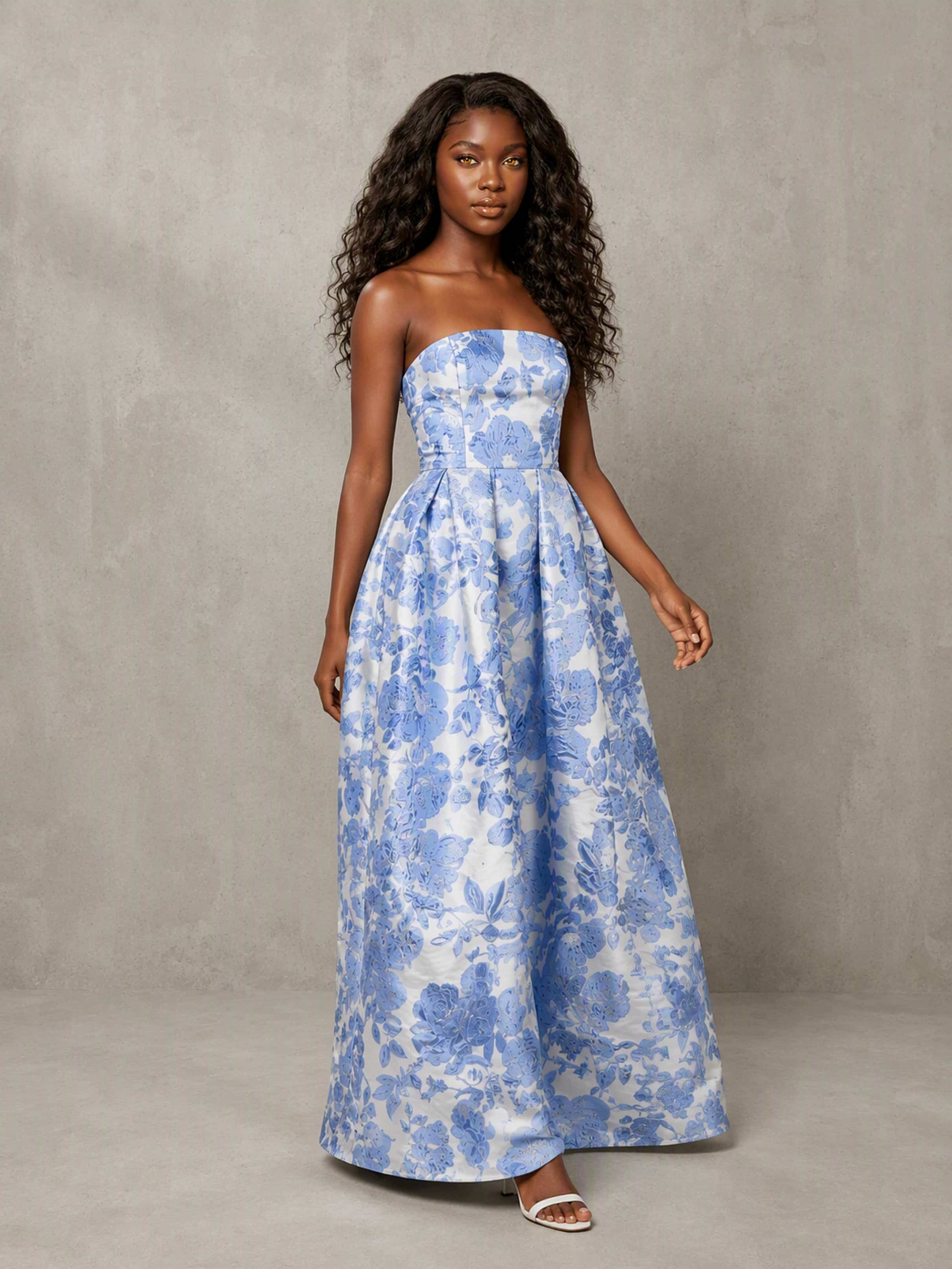 Satin Jacquard Strapless Formal Wedding Guest Dress with Pockets