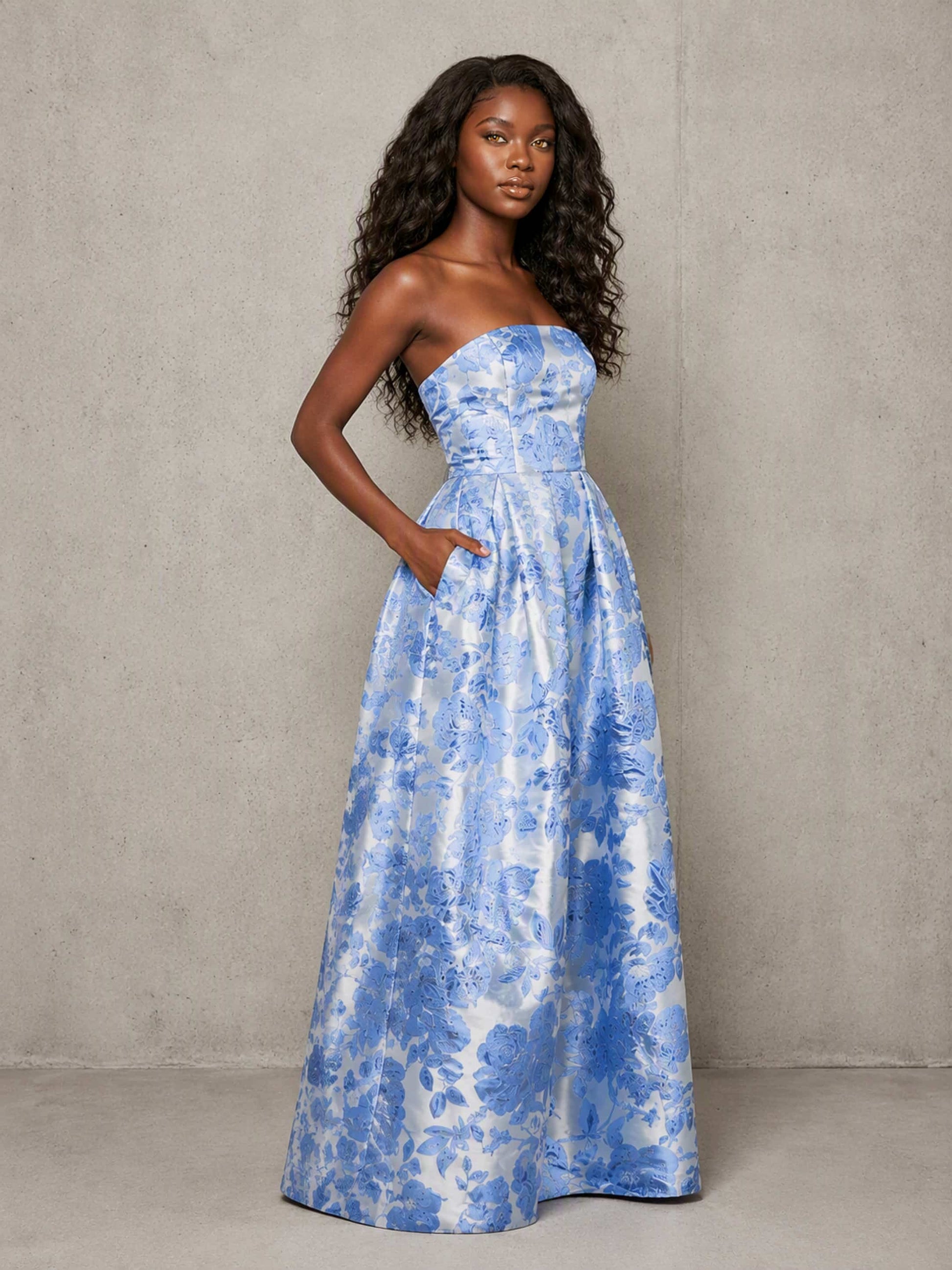 Satin Jacquard Strapless Formal Wedding Guest Dress with Pockets