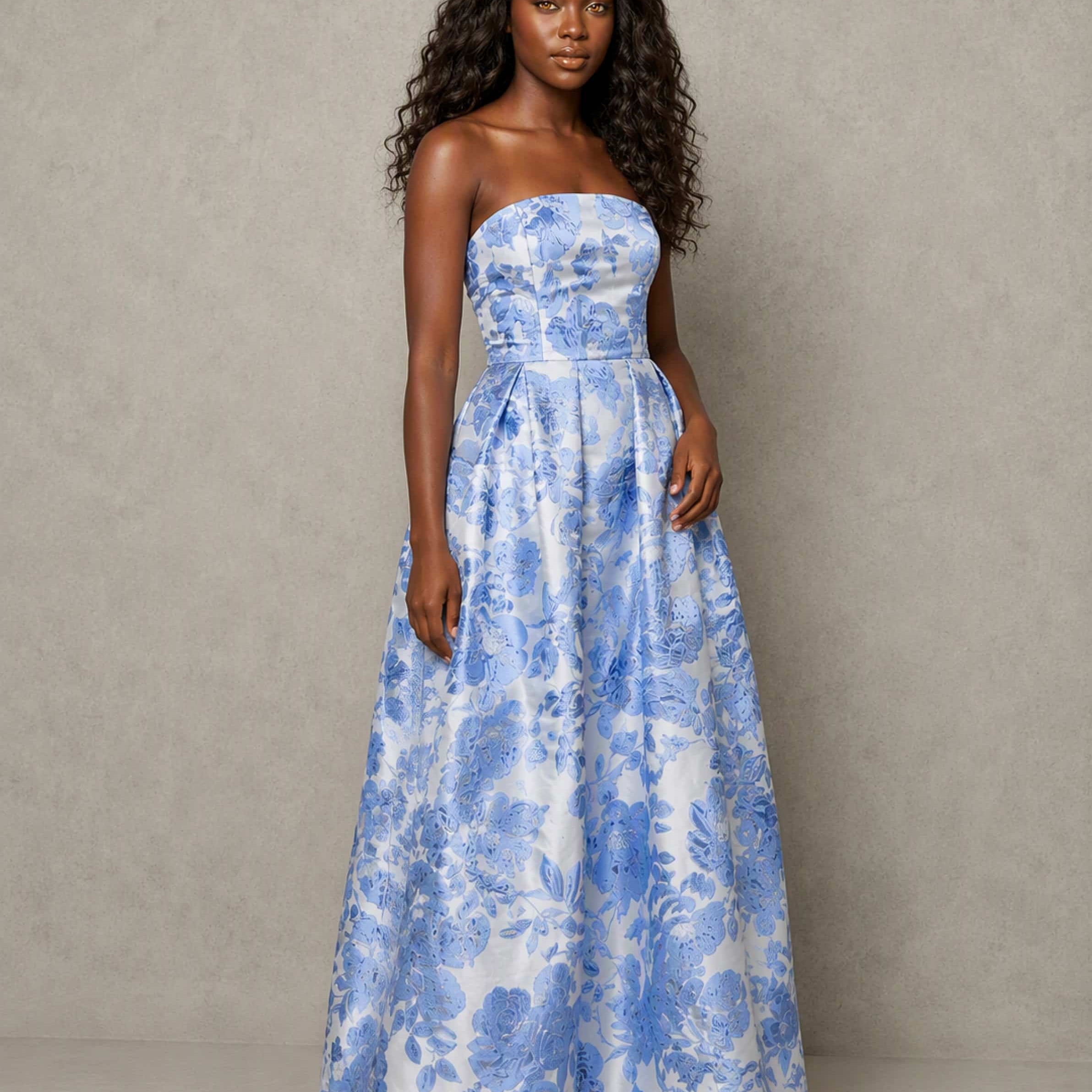 Satin Jacquard Strapless Formal Wedding Guest Dress with Pockets