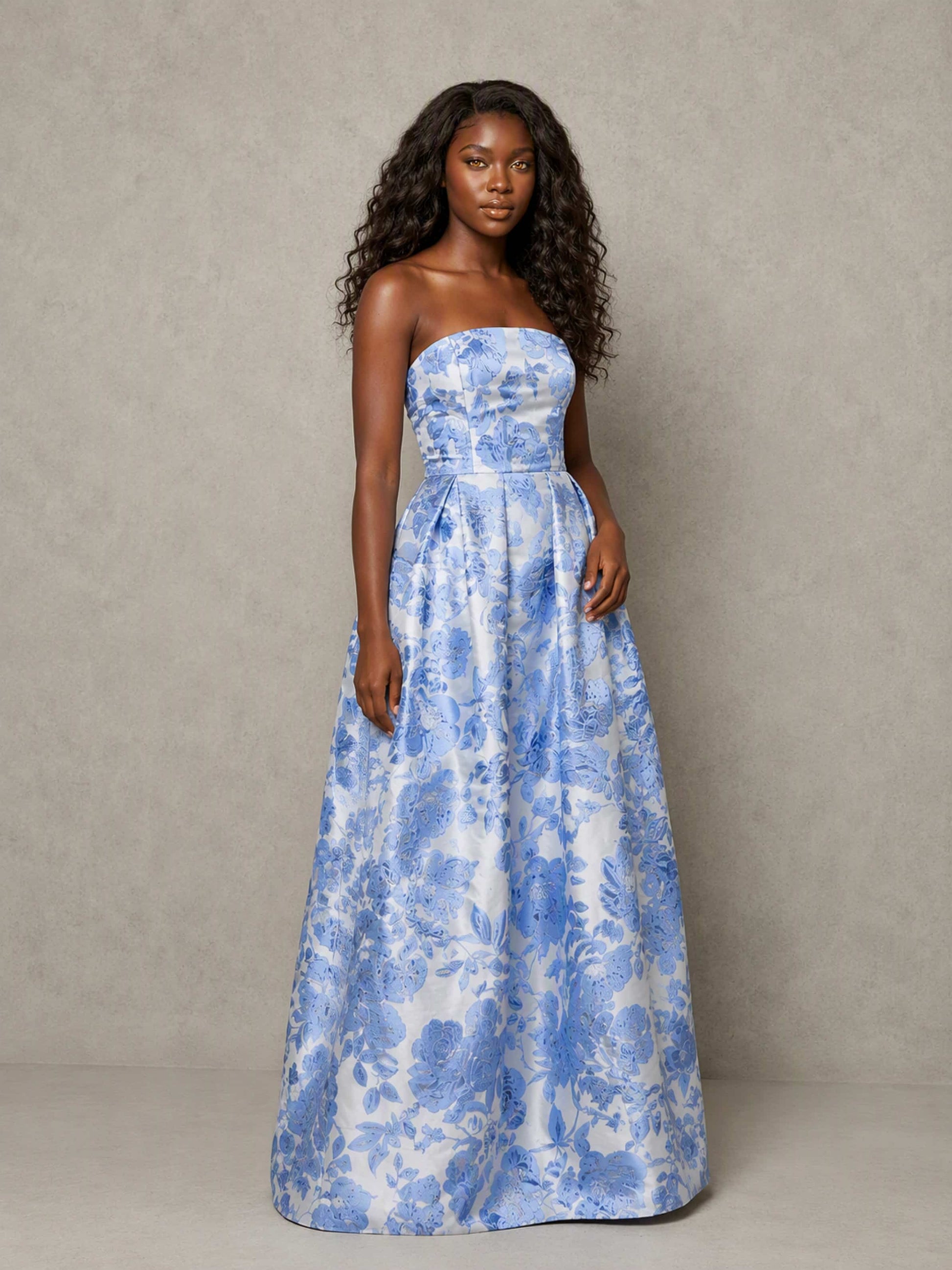 Satin Jacquard Strapless Formal Wedding Guest Dress with Pockets