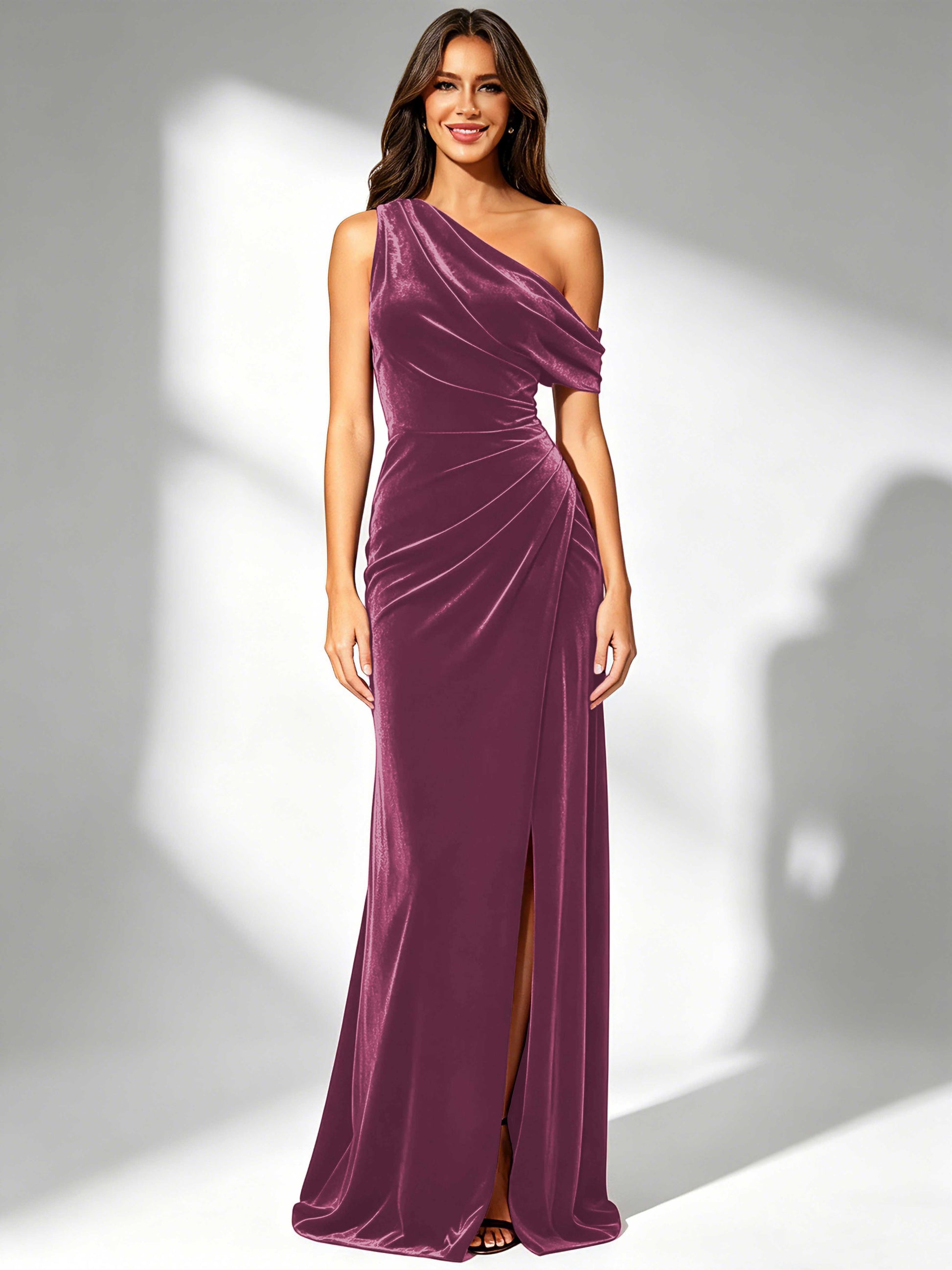 One Shoulder Velvet Bridesmaid Dresses for Women