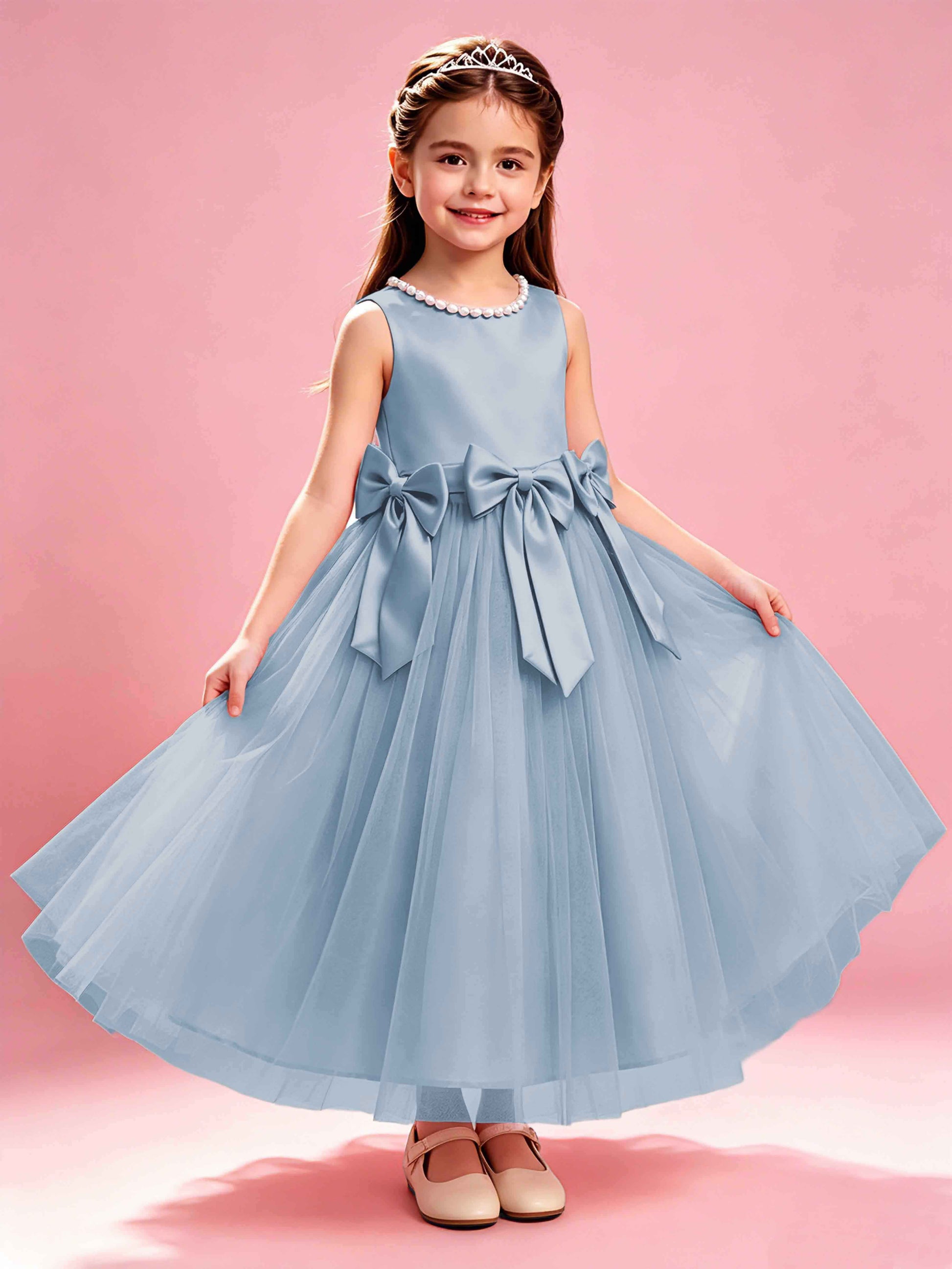 Satin Tulle Flower Girl Dress with Bow Princess Girls Pageant Gowns