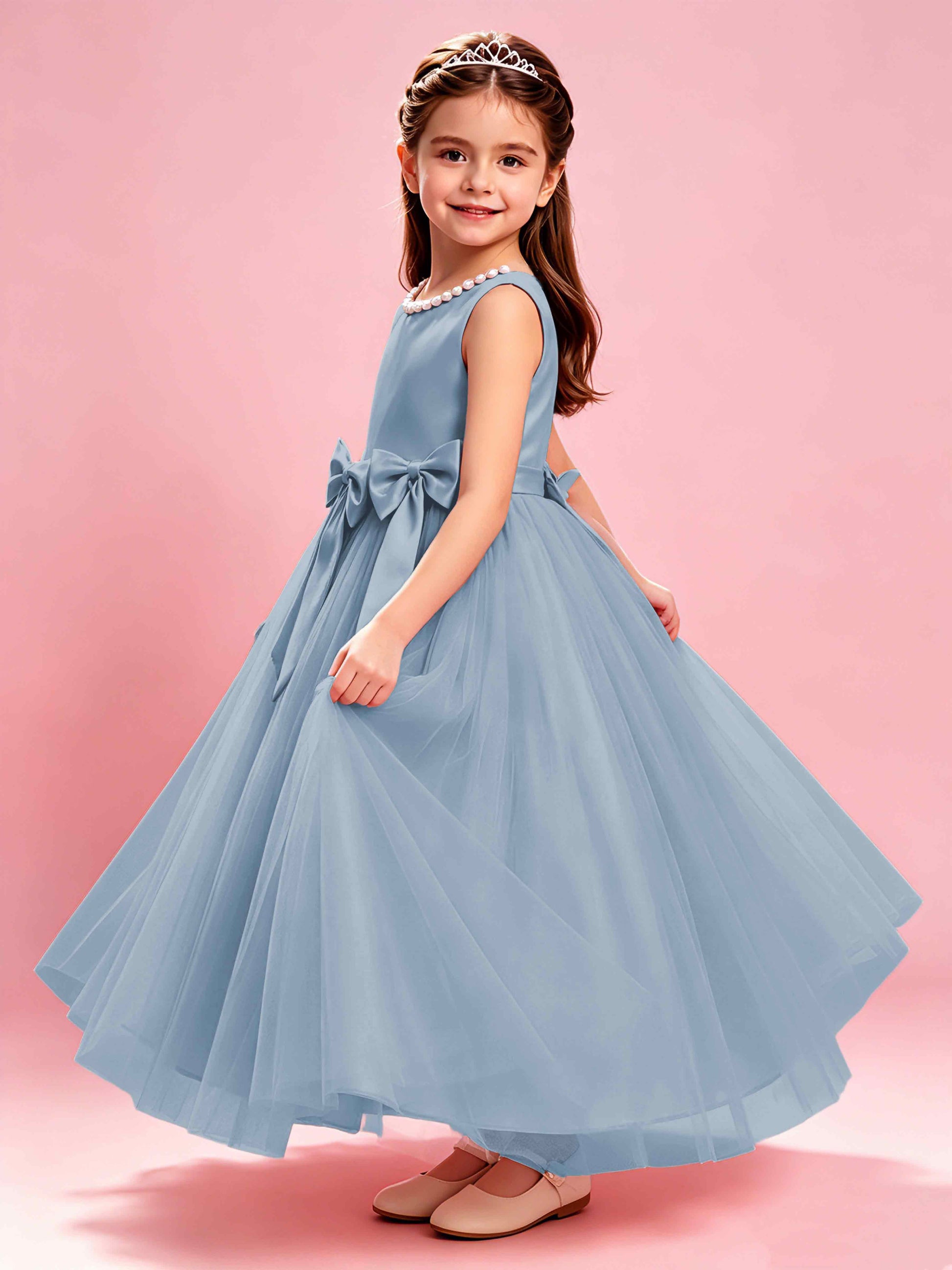 Satin Tulle Flower Girl Dress with Bow Princess Girls Pageant Gowns