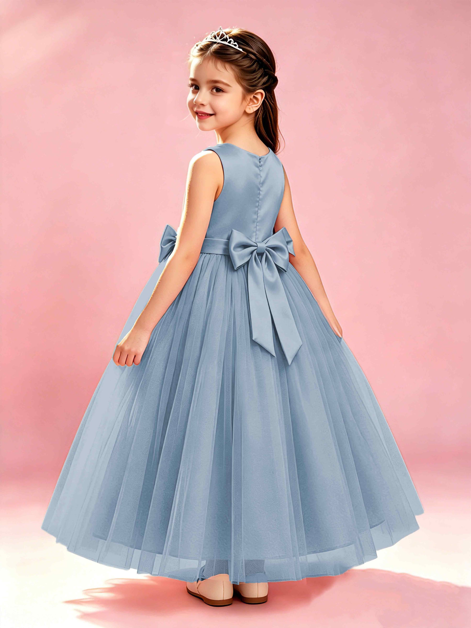 Satin Tulle Flower Girl Dress with Bow Princess Girls Pageant Gowns