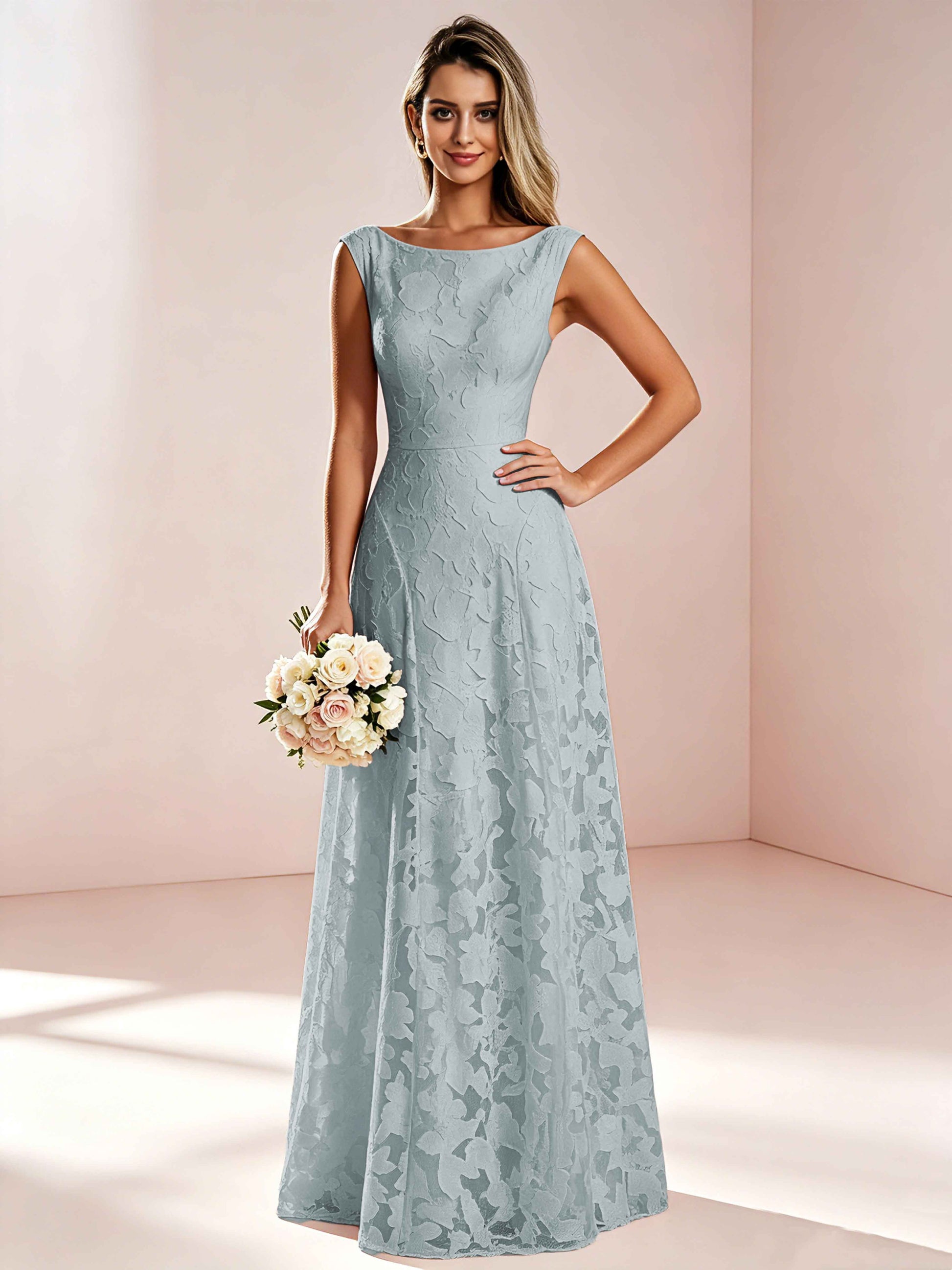 Boat Neck Jacquard Chiffon Floor Length Bridesmaid Dresses