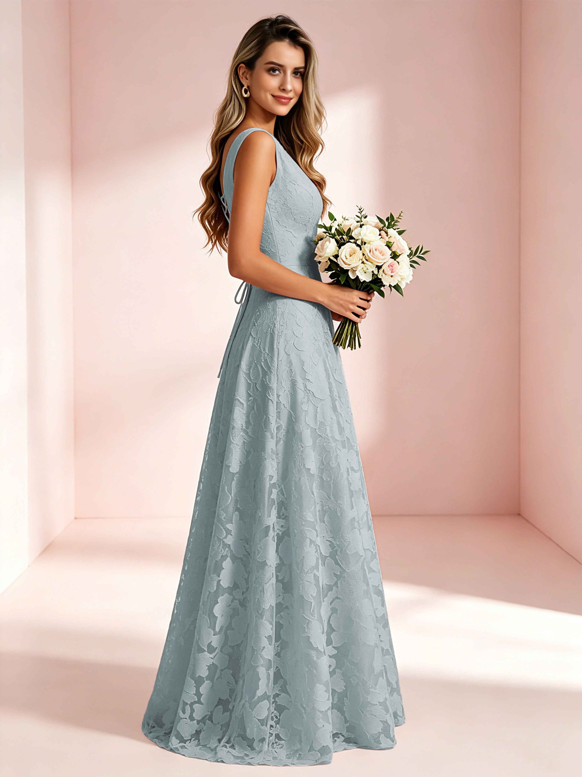 Boat Neck Jacquard Chiffon Floor Length Bridesmaid Dresses
