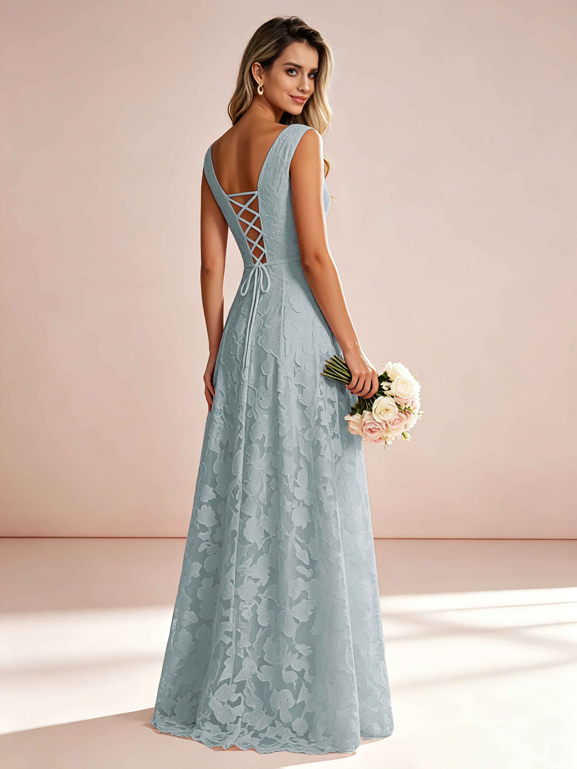 Boat Neck Jacquard Chiffon Floor Length Bridesmaid Dresses