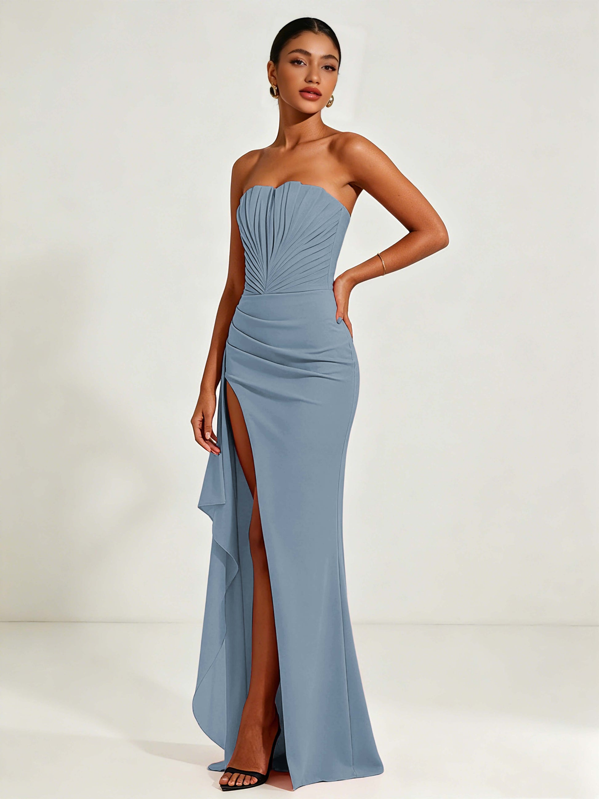Strapless Ruched Bust Prom Dresses with Ruffle Slit