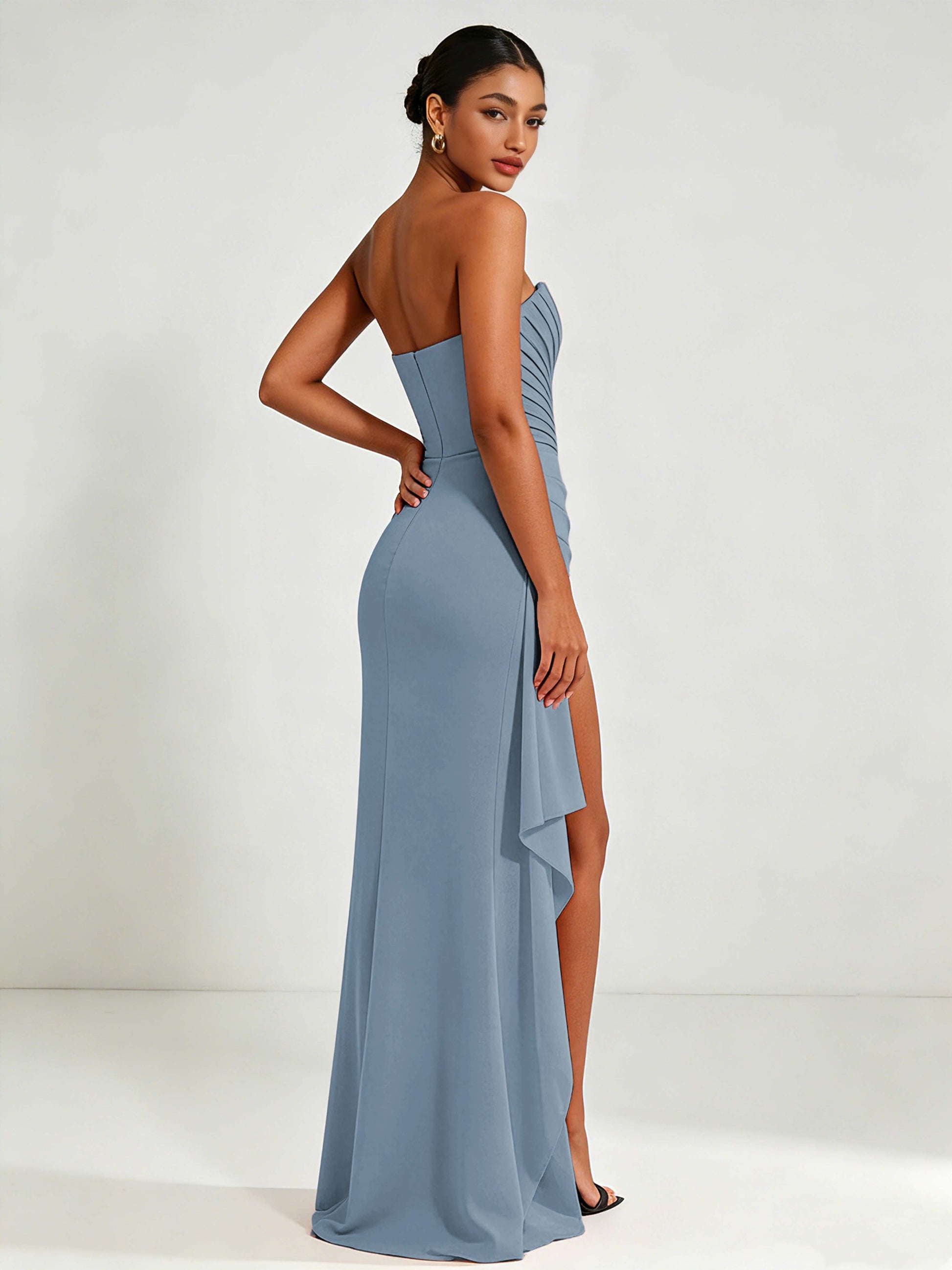 Strapless Ruched Bust Prom Dresses with Ruffle Slit