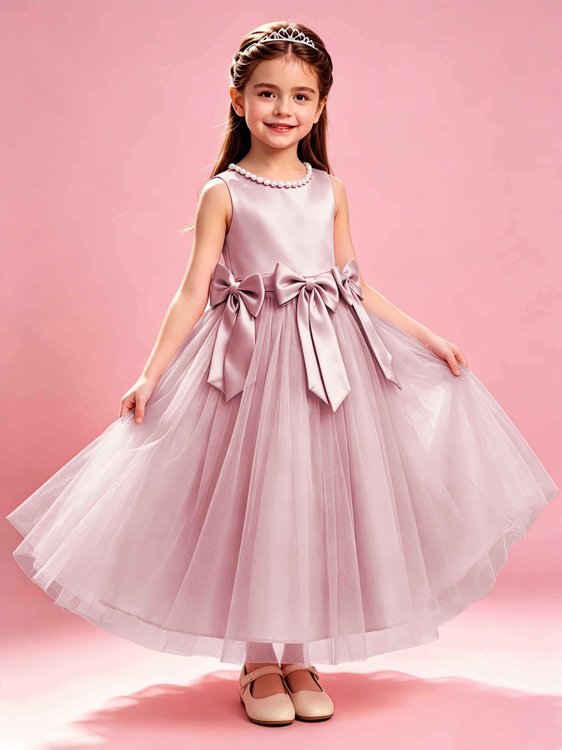 Satin Tulle Flower Girl Dress with Bow Princess Girls Pageant Gowns