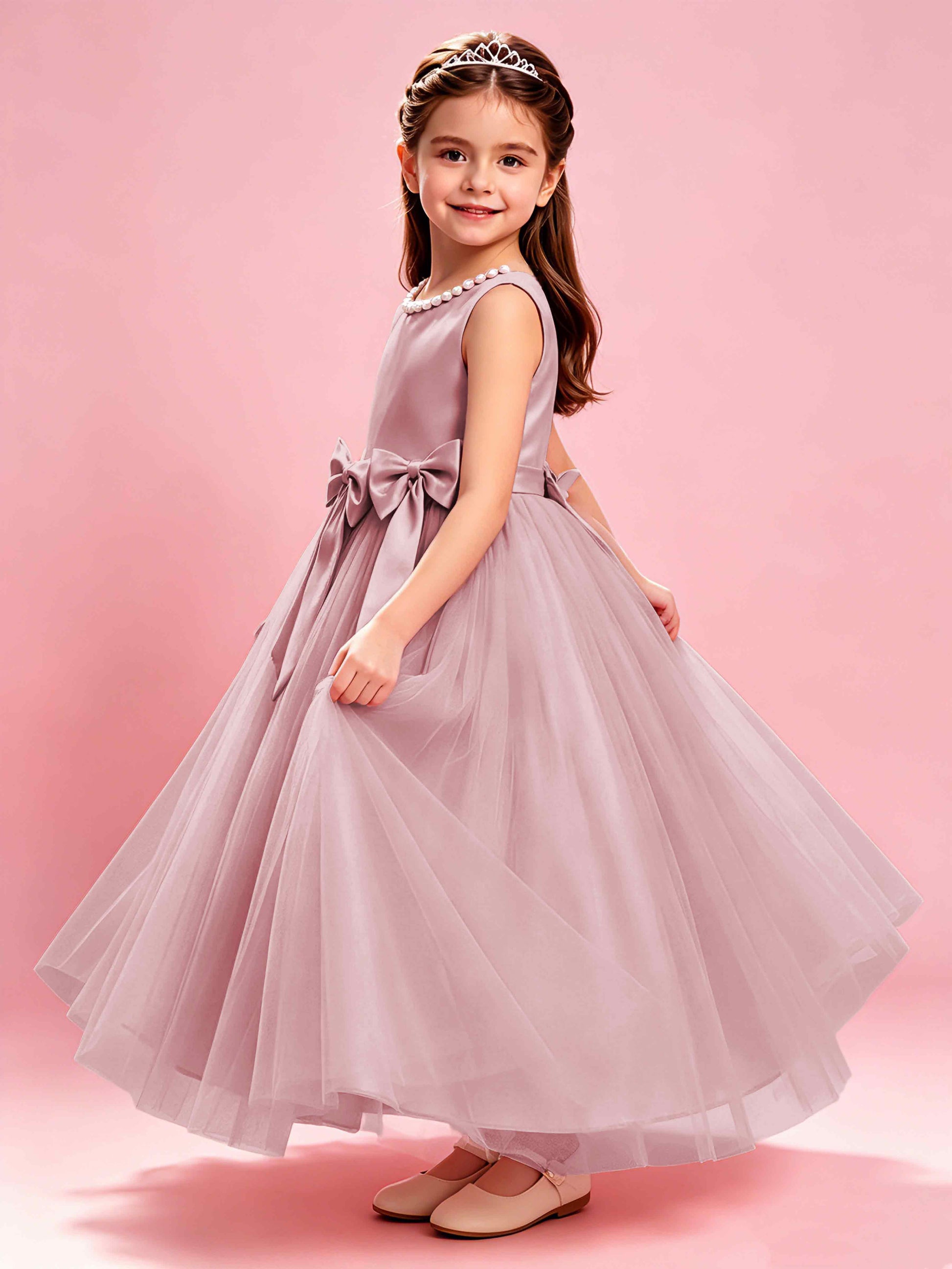 Satin Tulle Flower Girl Dress with Bow Princess Girls Pageant Gowns