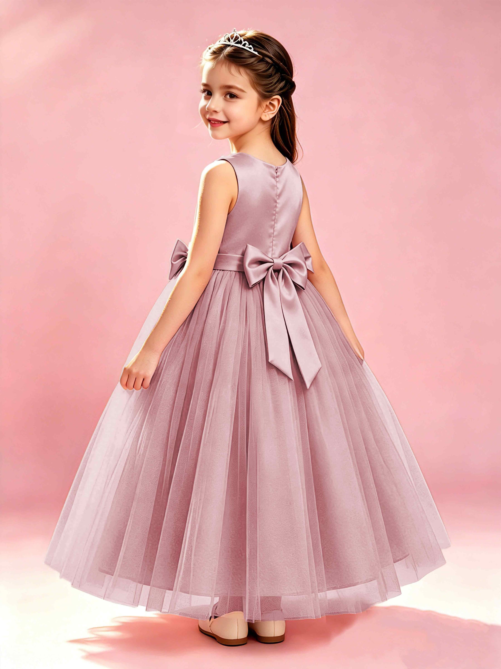 Satin Tulle Flower Girl Dress with Bow Princess Girls Pageant Gowns