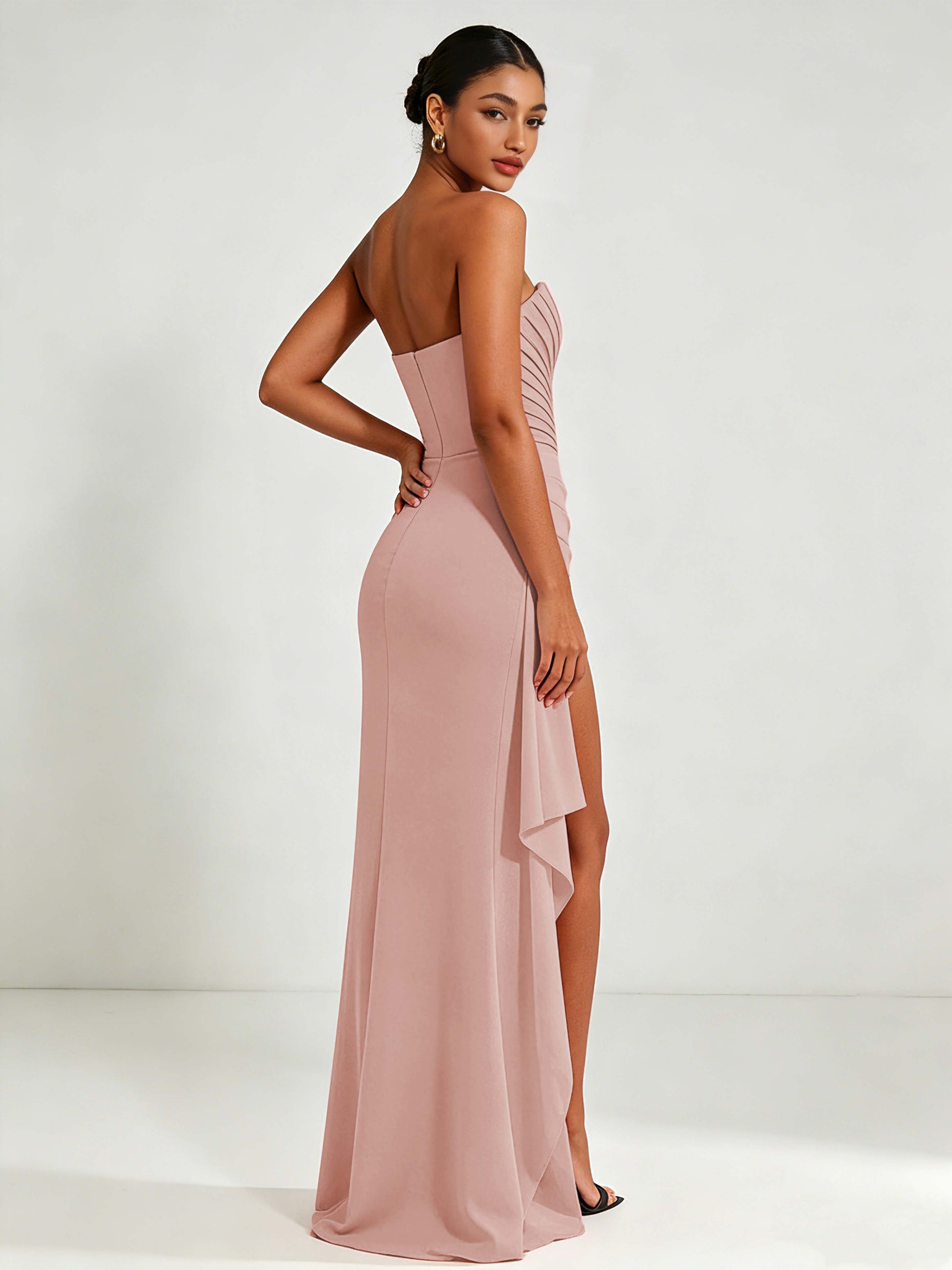 Strapless Ruched Bust Prom Dresses with Ruffle Slit