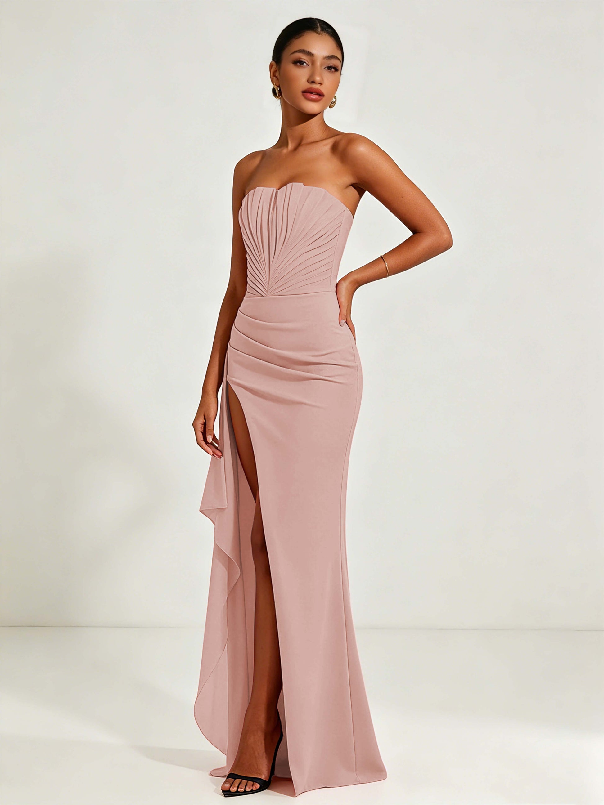 Strapless Ruched Bust Prom Dresses with Ruffle Slit
