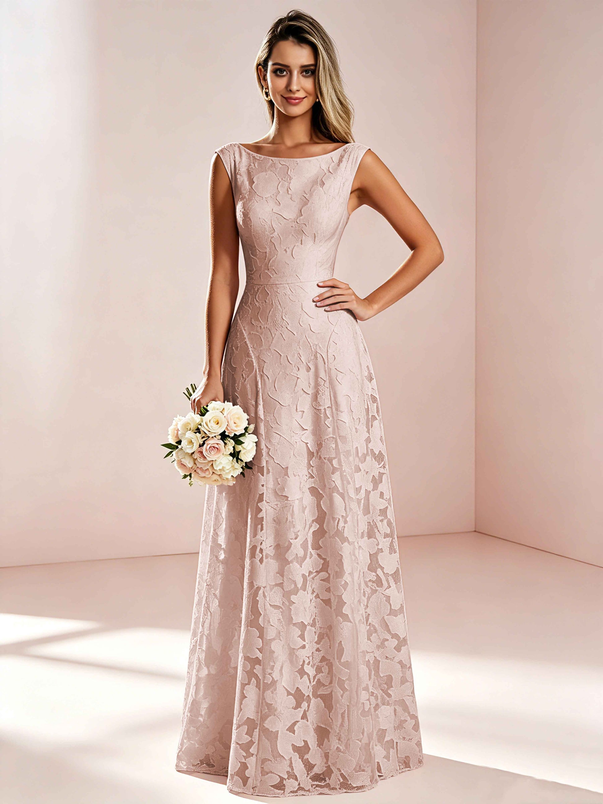 Boat Neck Jacquard Chiffon Floor Length Bridesmaid Dresses