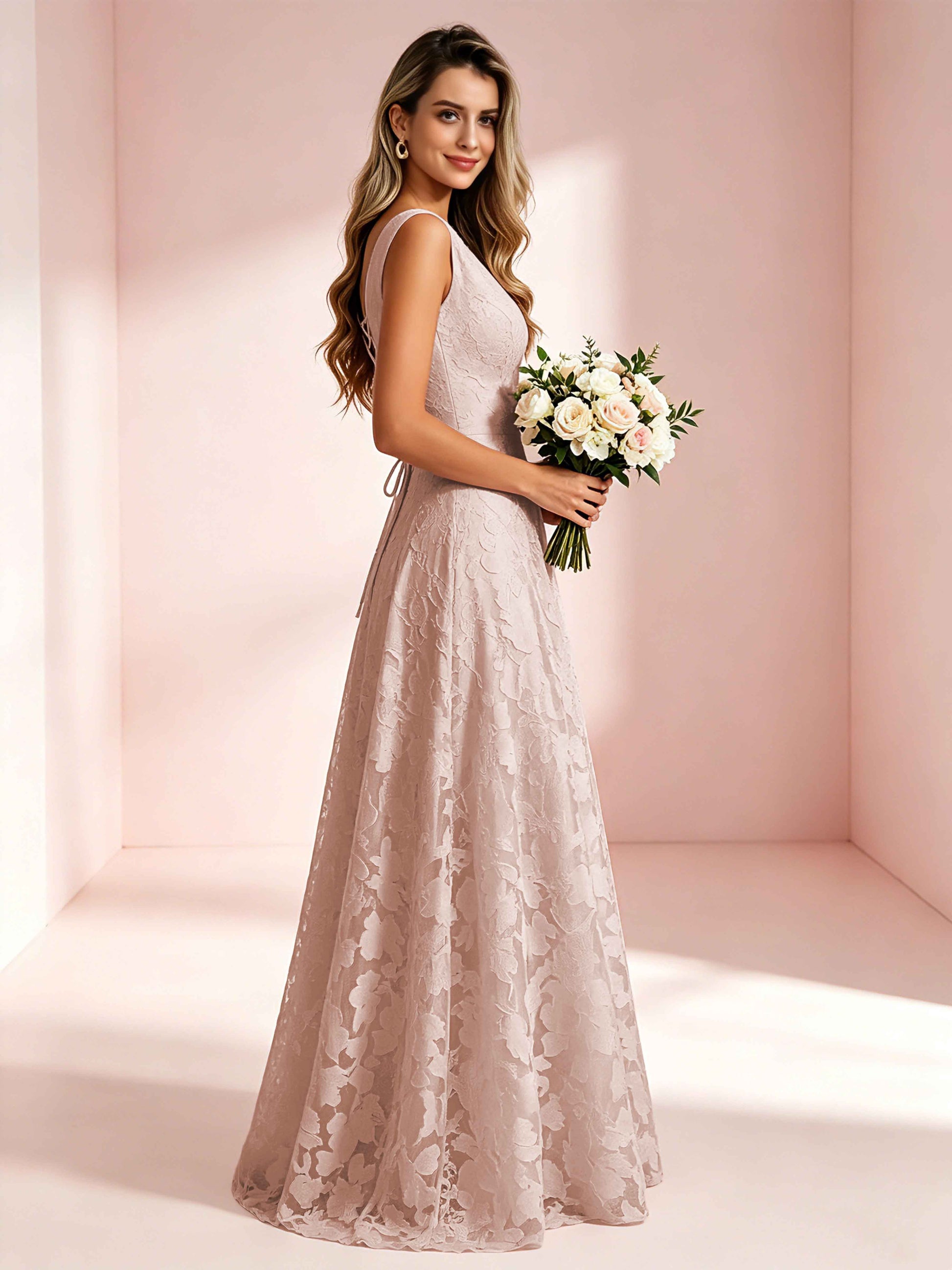 Boat Neck Jacquard Chiffon Floor Length Bridesmaid Dresses