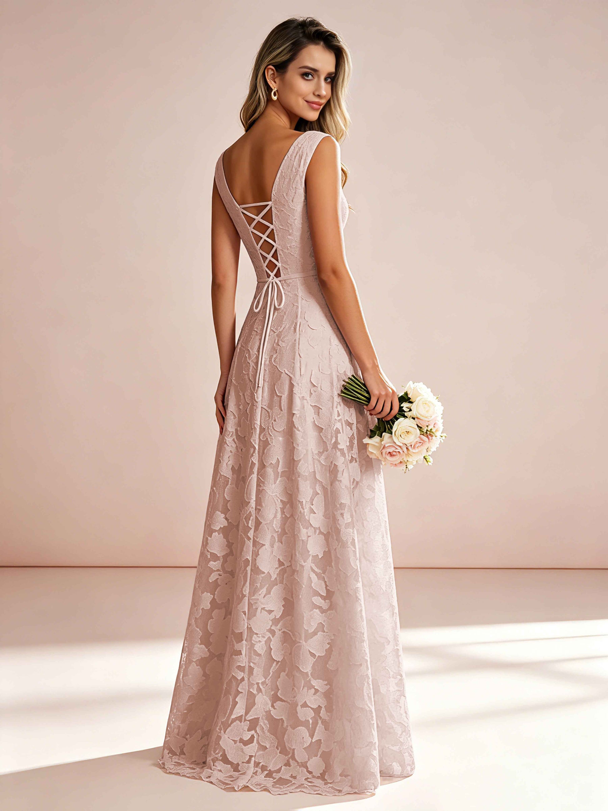 Boat Neck Jacquard Chiffon Floor Length Bridesmaid Dresses